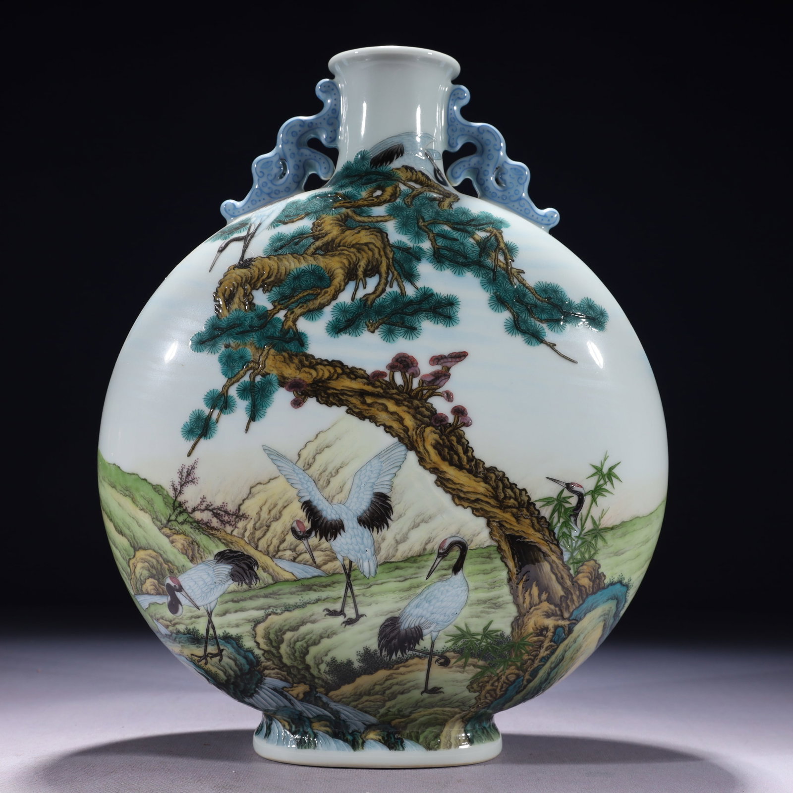 An Exquisite Enamel Pine and Crane Pattern Double-Ears Vase,with poem: An Exquisite Enamel Pine and Crane Pattern Double-Ears Vase,with poem,Qing Dynasty,China,Yongzheng Four-character Mark,Size:9.8inx4.3inx12.6in,Weight:3000g