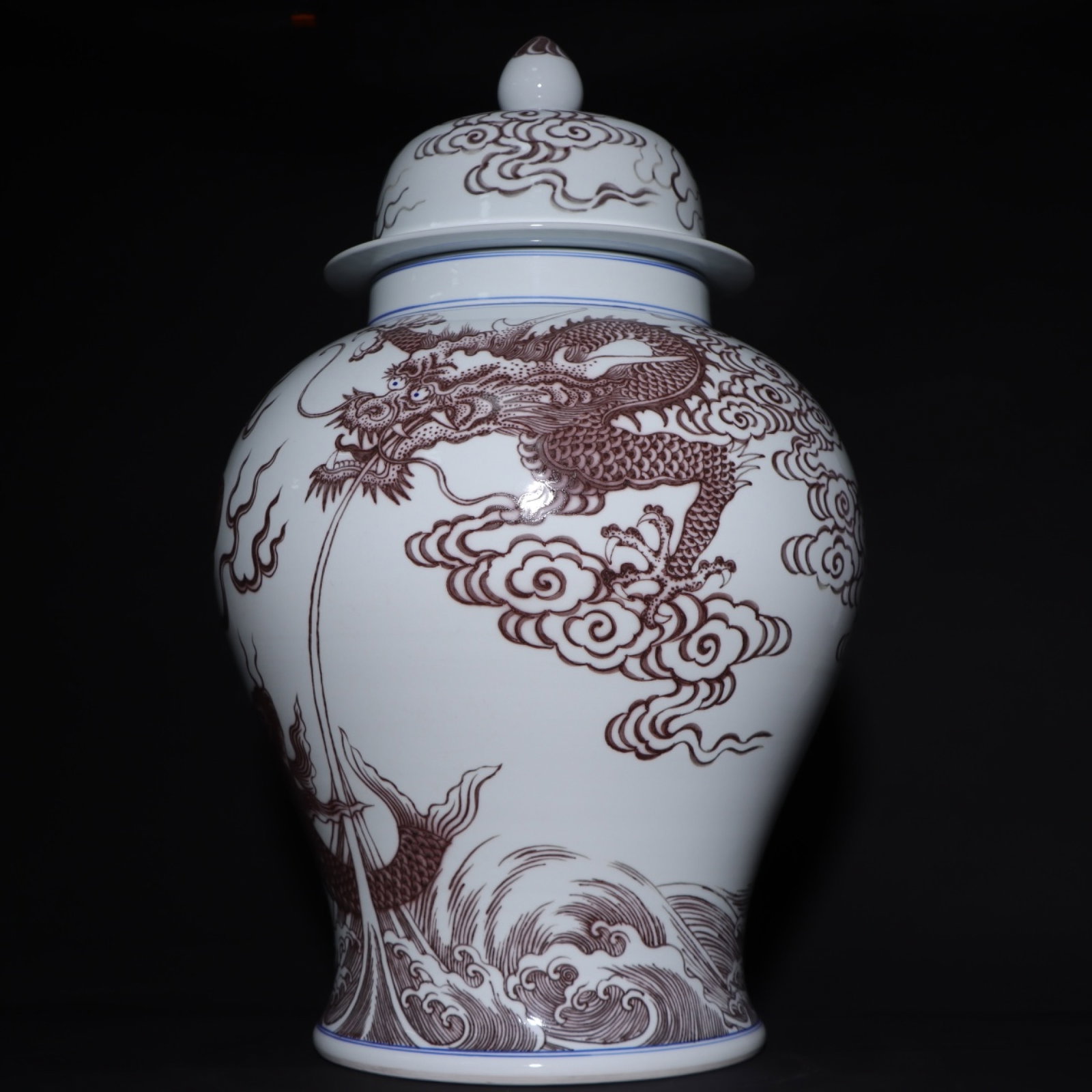 An Exquisite Underglaze-Red Auspicious Cloud and Dragon Pattern Jar with Cover: An Exquisite Underglaze-Red Auspicious Cloud and Dragon Pattern Jar with Cover,Qing Dynasty,China,Qianlong Six-character Mark,Size:24.8inx15.7in