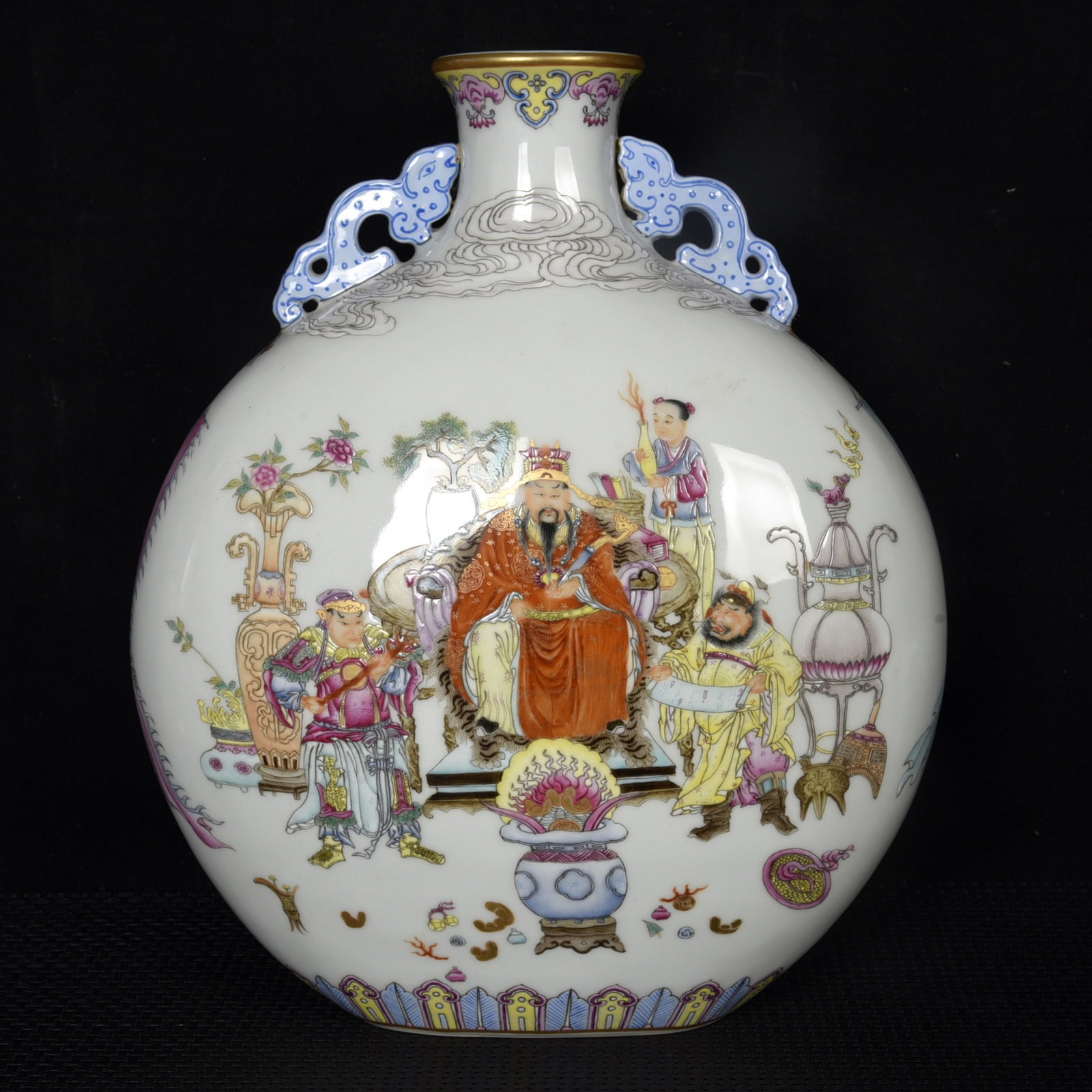 An Exquisite Enamel Painted Gold Character and Story Pattern Double-Ears Vase,with poem: An Exquisite Enamel Painted Gold Character and Story Pattern Double-Ears Vase,with poem,Qing Dynasty,China,Qianlong Six-character Mark,Size:11.6inx9.8inx4.7in 珐琅彩描金&