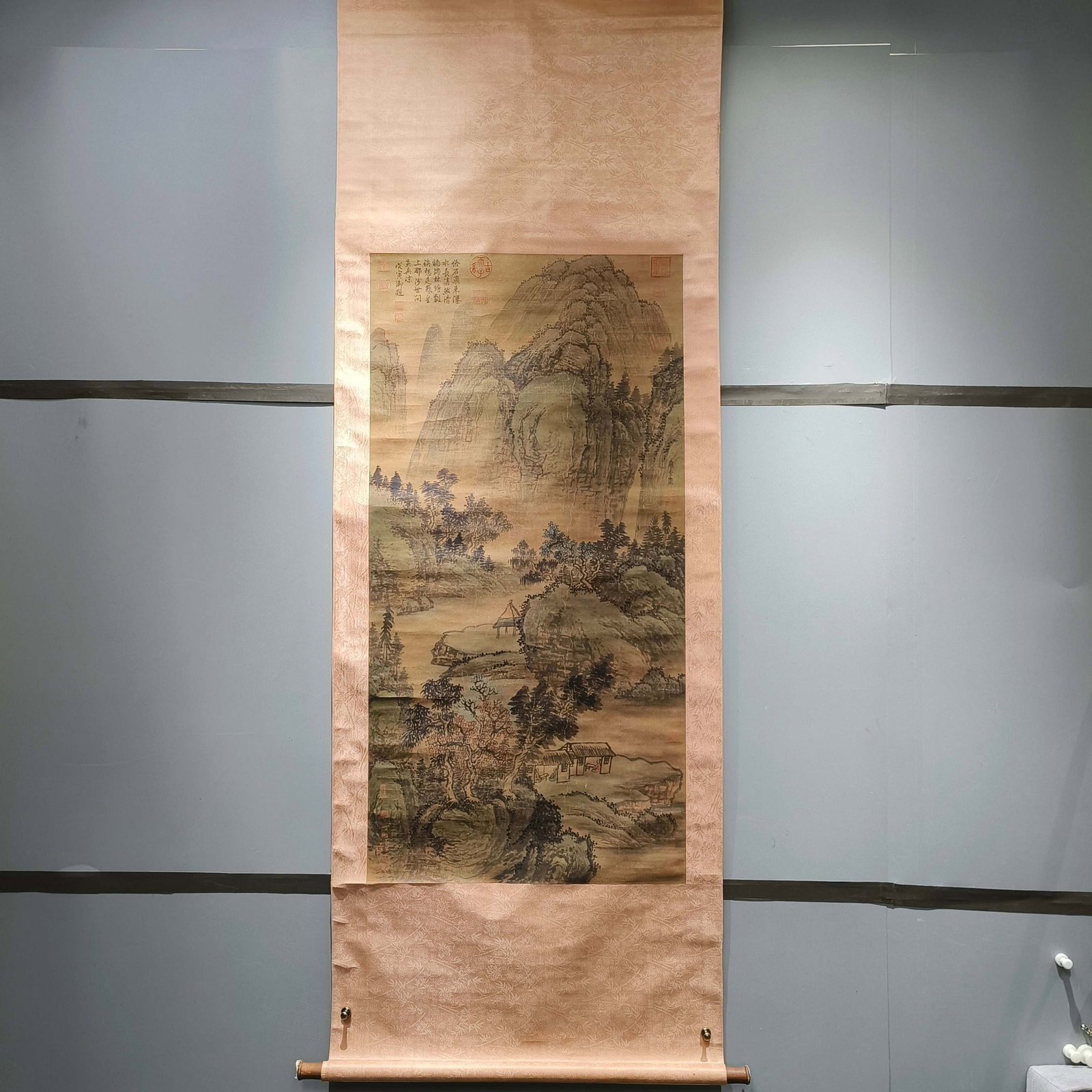 A Chinese Vertical Scroll Ink Painting of Landscape on Paper: A Chinese Vertical Scroll Ink Painting of Landscape on Paper,Guan Quan,Size:50.4inx25.2in 一幅中国水墨山水画立轴,关荃