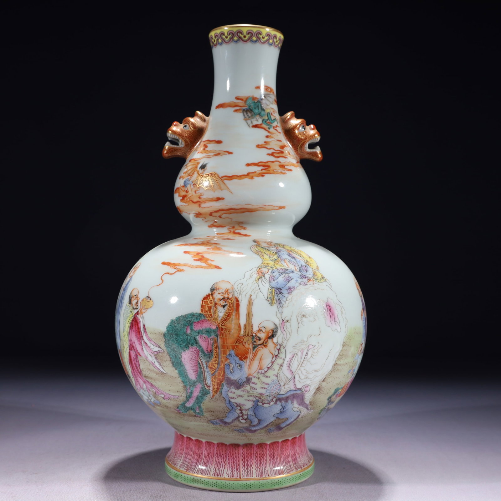 An Exquisite Famille-Rose Painted Gold Character and Story Pattern Beast-Ears Gourd-Shaped Vase,with: An Exquisite Famille-Rose Painted Gold Character and Story Pattern Beast-Ears Gourd-Shaped Vase,with poem,Qing Dynasty,China,Qianlong Six-character Mark,Size:6.3inx12.6in,Weight:2000g 粉彩