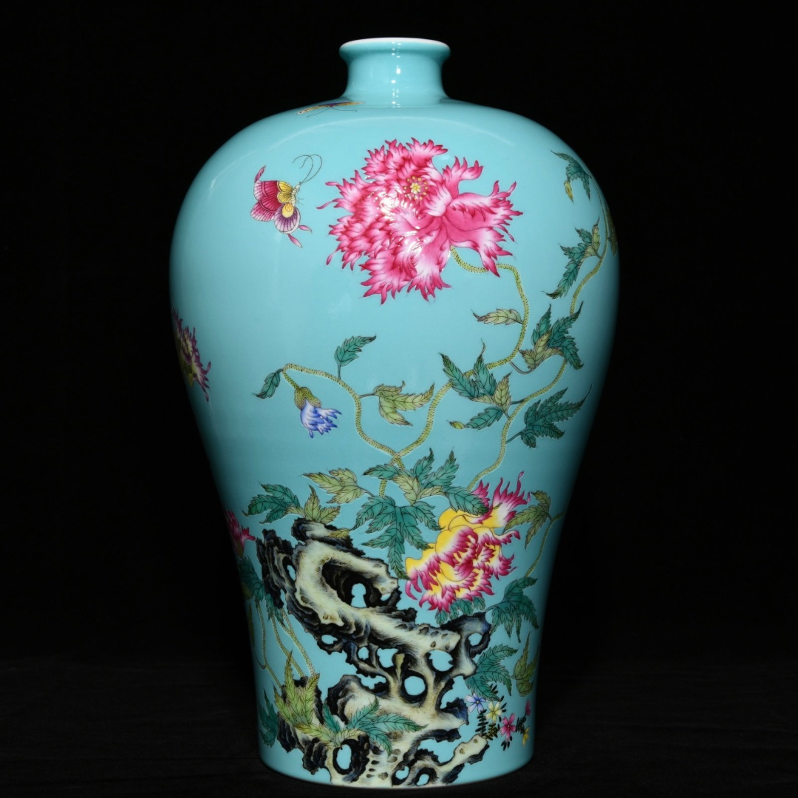 A Rare Turquoise Glazed Enamel Flower and Butterfly Pattern Vase,with poem: A Rare Turquoise Glazed Enamel Flower and Butterfly Pattern Vase,with poem,Qing Dynasty,China,Yongzheng Six-character Mark,Size:15inx9.4in ?????????????,???,????,?????