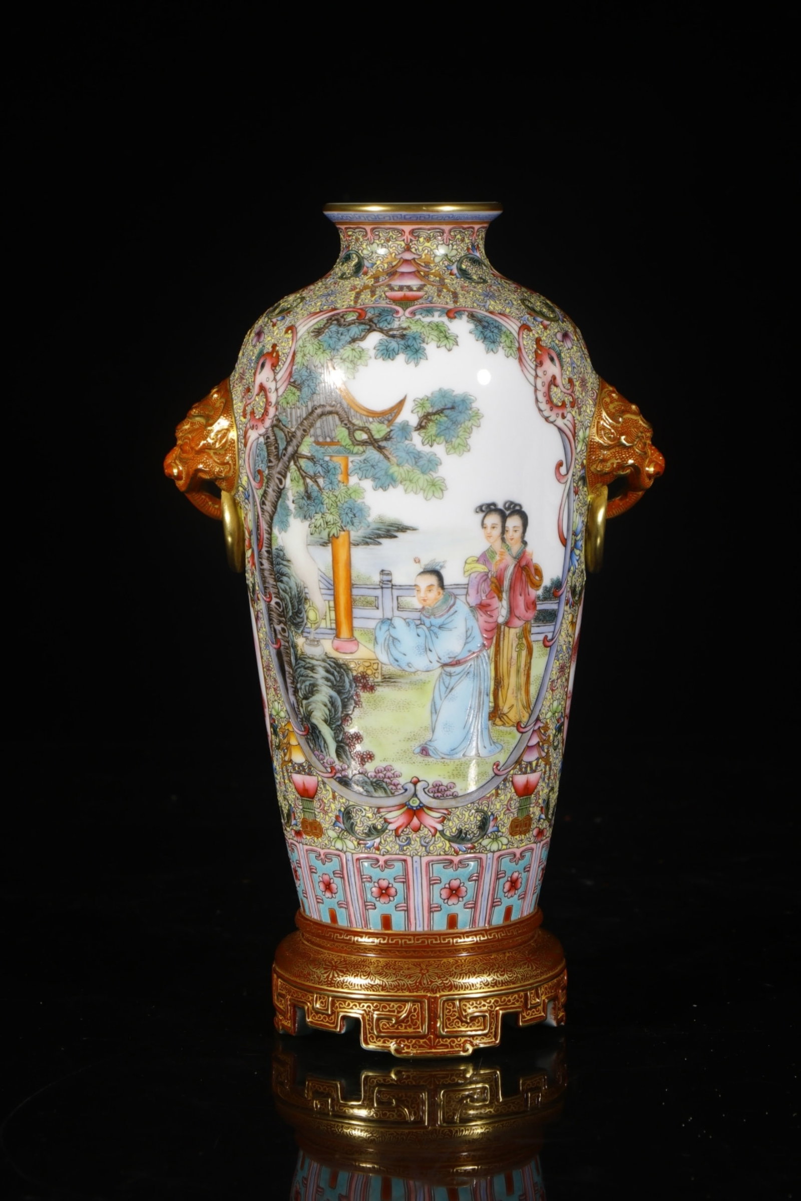 An Exquisite Enamel Painted Gold Character and Story Pattern Beast-Ears Vase: An Exquisite Enamel Painted Gold Character and Story Pattern Beast-Ears Vase,Qing Dynasty,China,Qianlong Four-character Mark,Size:8.7inx3in 珐琅彩描金人物