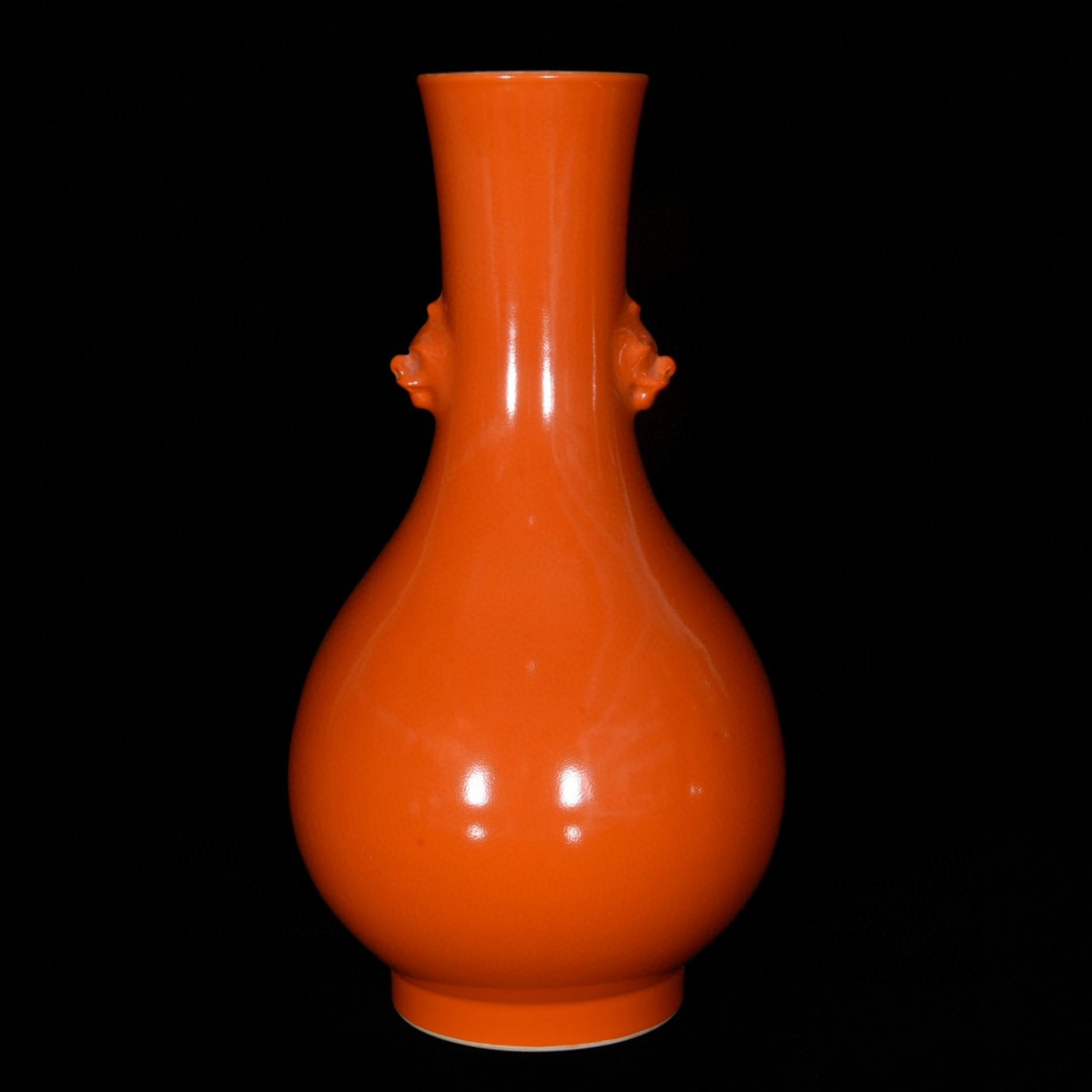 A Rare Red Glazed Beast-Ears Vase: A Rare Red Glazed Beast-Ears Vase,Qing Dynasty,China,Yongzheng Six-character Mark,Size:13.8inx7.5in 红釉兽耳瓶,中国清代,雍正六&#