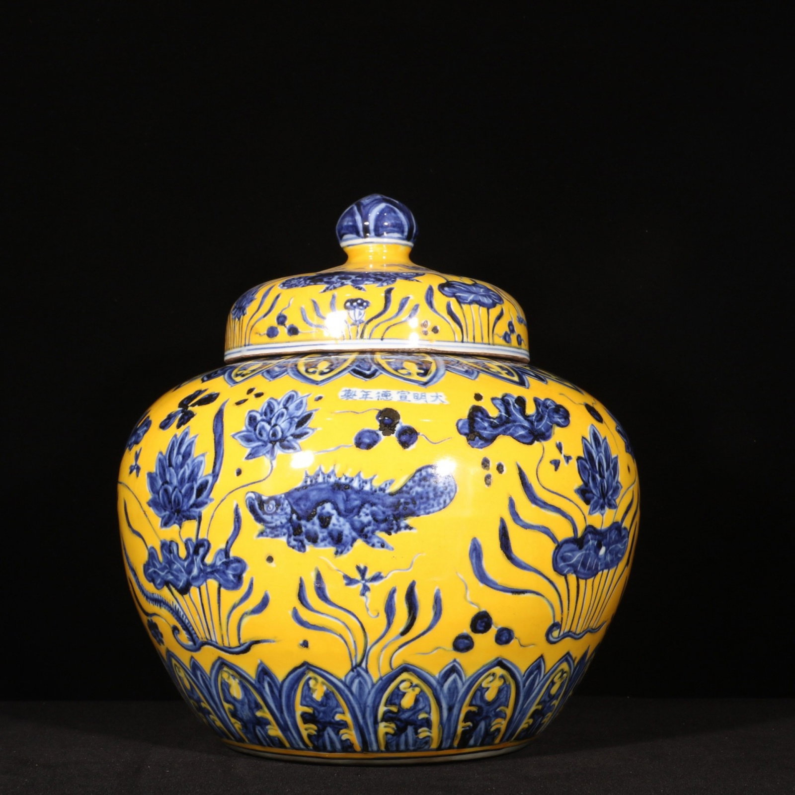 A Rare Yellow Ground Blue and White Hornwort Pattern Jar with Cover (1 of 8)