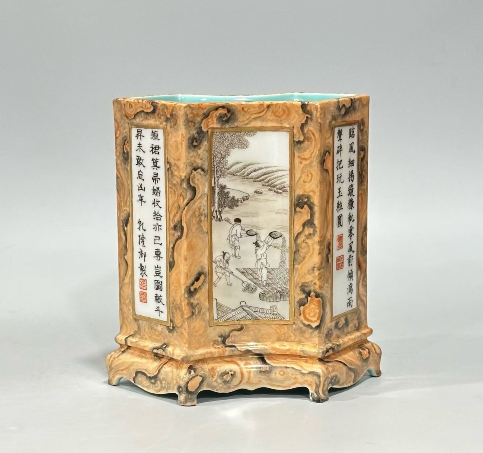An Exquisite Marble Glazed Ink Color Character and Story Pattern Brush Pot,with poem: An Exquisite Marble Glazed Ink Color Character and Story Pattern Brush Pot,with poem,Qing Dynasty,China,Qianlong Six-character Mark,Size:5.1inx4.5in 石纹釉墨彩人