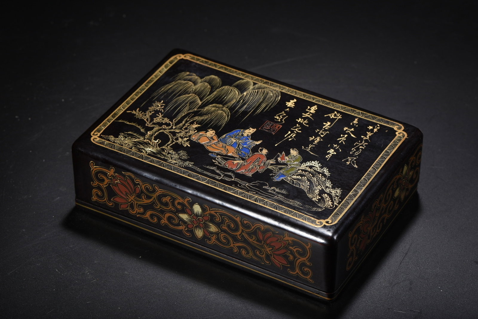 An Exquisite Carved Lacquer Painted Gold Character and Story Pattern Box,with poem (1 of 9)