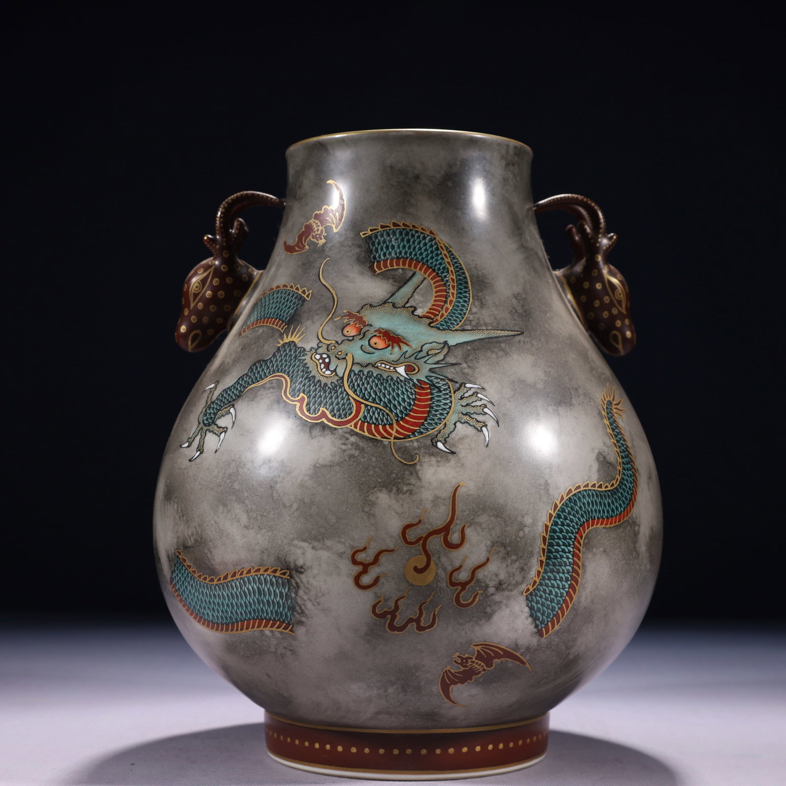 An Exquisite Ink Color Painted Gold Auspicious Cloud and Dragon Pattern Deer-Ears Vase,with poem: An Exquisite Ink Color Painted Gold Auspicious Cloud and Dragon Pattern Deer-Ears Vase,with poem,Qing Dynasty,China,Qianlong Six-character Mark,Size:8.7inx11.8in,Weight:2750g 墨彩描&