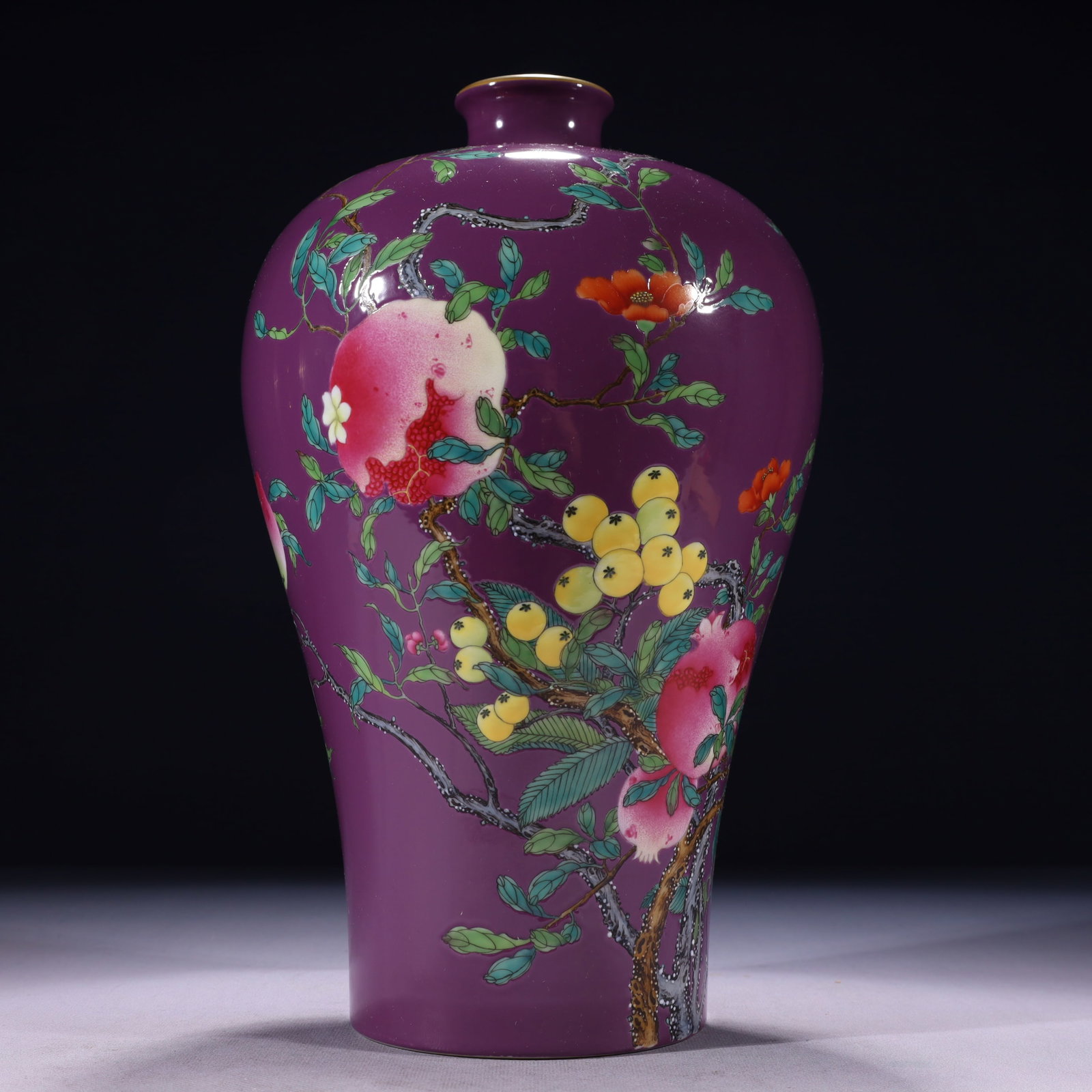 An Exquisite Purple Ground Famille-Rose Painted Gold Flower and Fruit Pattern Vase: An Exquisite Purple Ground Famille-Rose Painted Gold Flower and Fruit Pattern Vase,Qing Dynasty,China,Yongzheng Six-character Mark,Size:7.1inx13.4in,Weight:2600g