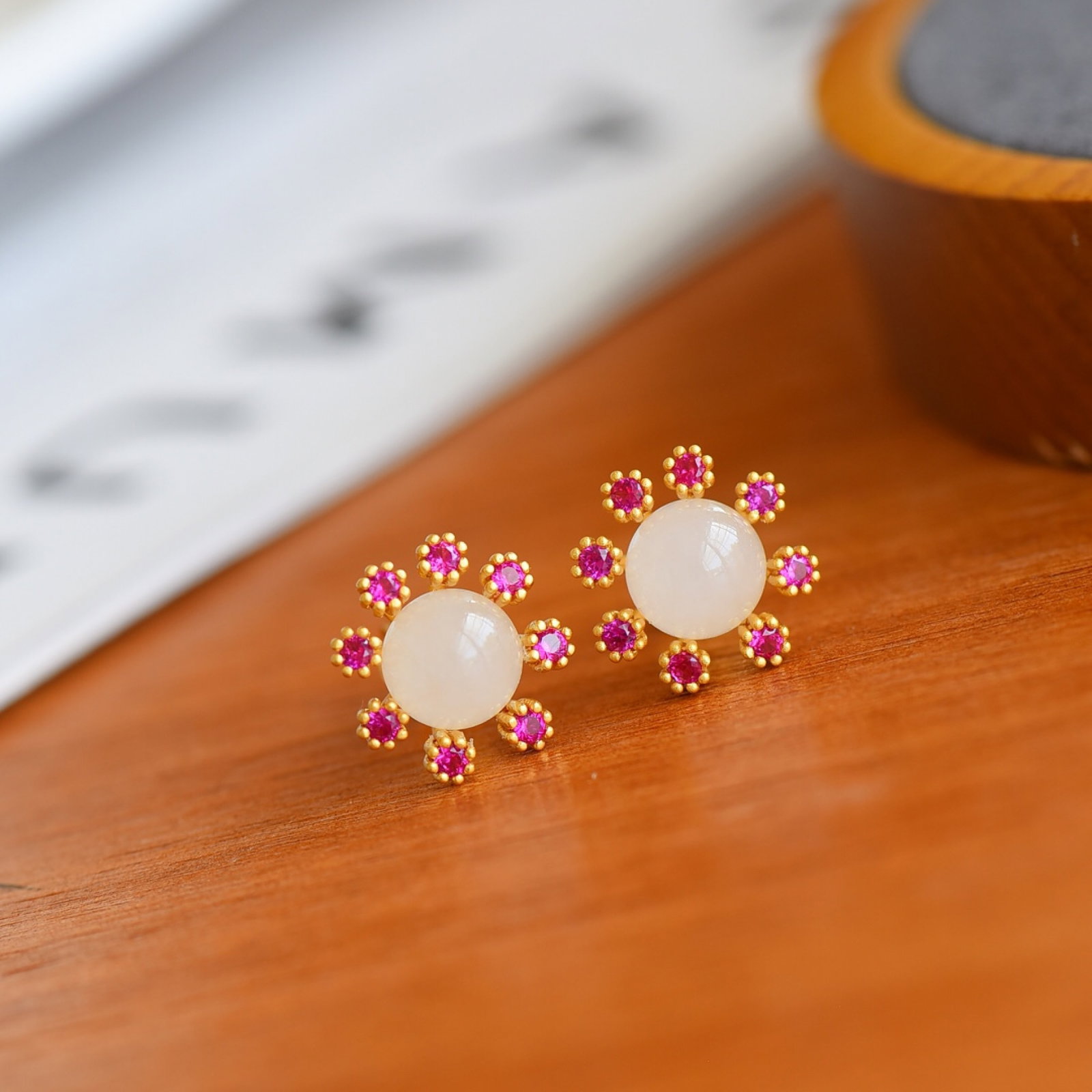 A Pair of Exquisite Gilt Silver Inlaid White Jade Earrings: A Pair of Exquisite Gilt Silver Inlaid White Jade Earrings, 一对纯银镀金鎏金镶白玉耳钉