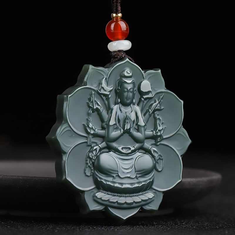 An Exquisite Cyan jade Statue of Thousand-Hand Avalokitesvara Pendant: An Exquisite Cyan jade Statue of Thousand-Hand Avalokitesvara Pendant,Size:1.8inx0.3in 青玉千手观音像挂件