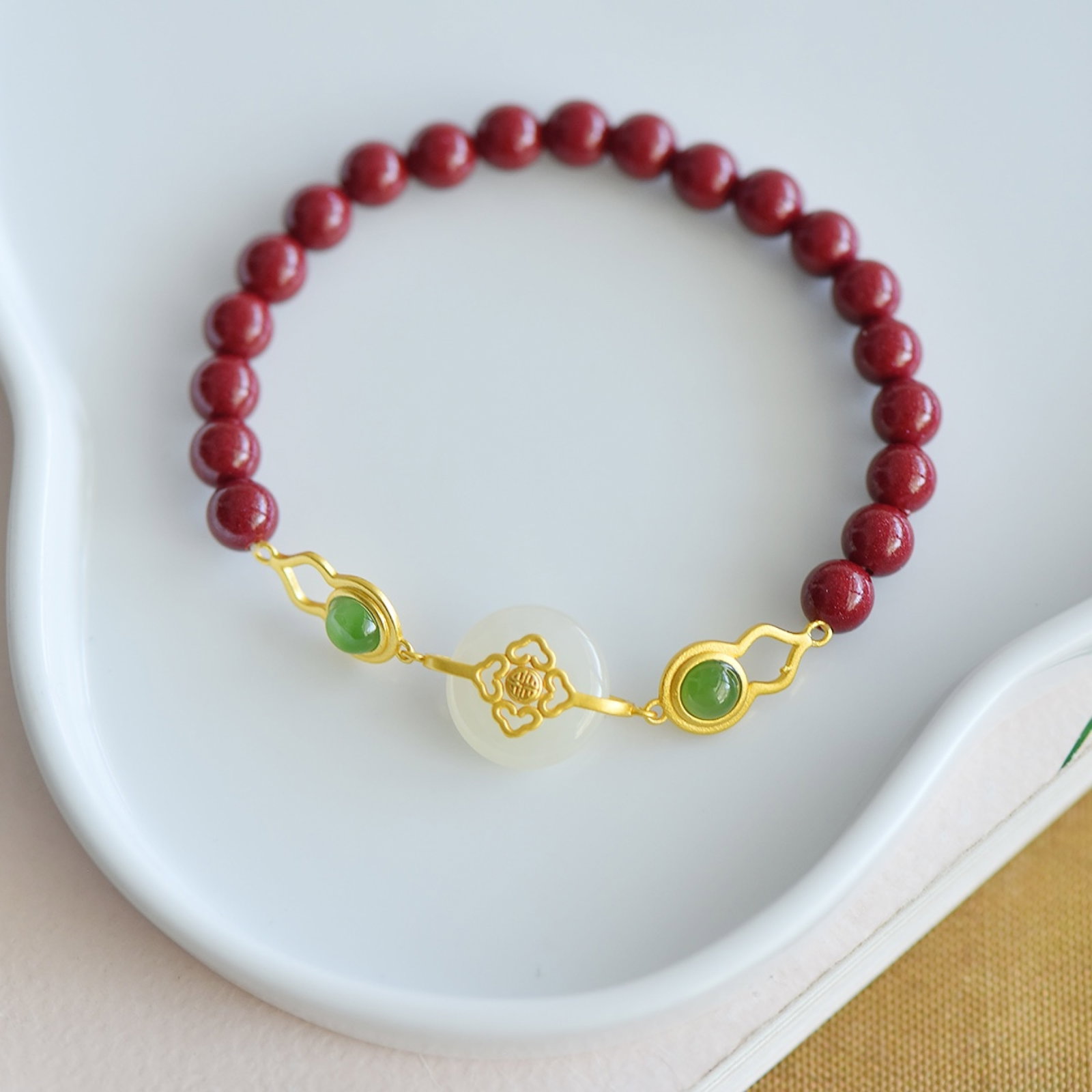 An Exquisite Sterling Silver-Gold PlatedInlaid Cinnabar Bracelet (1 of 5)