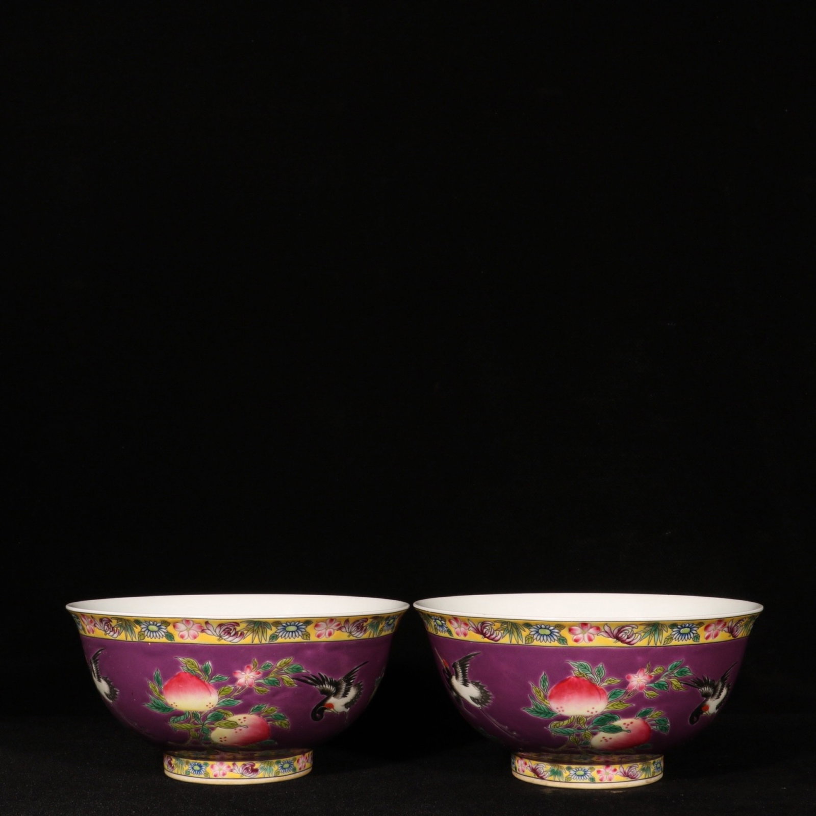 A Pair of Exquisite Enamel Flower and Crane Pattern Bowls: A Pair of Exquisite Enamel Flower and Crane Pattern Bowls,Qing Dynasty,China,Qianlong Four-character Mark,Size:3inx5.9in