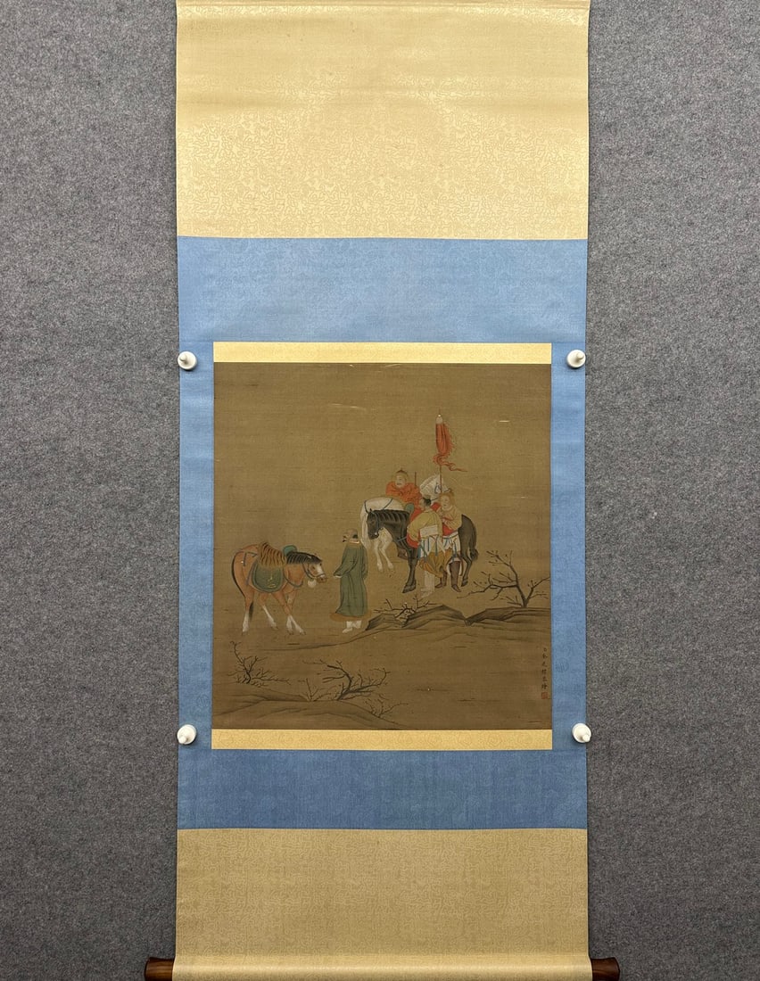 A Chinese Vertical Scroll Ink Painting of Character and Story on Silk: A Chinese Vertical Scroll Ink Painting of Character and Story on Silk,Jin Tingbiao,Size:24inx22in 一幅中国水墨绢本人物故事ஹ