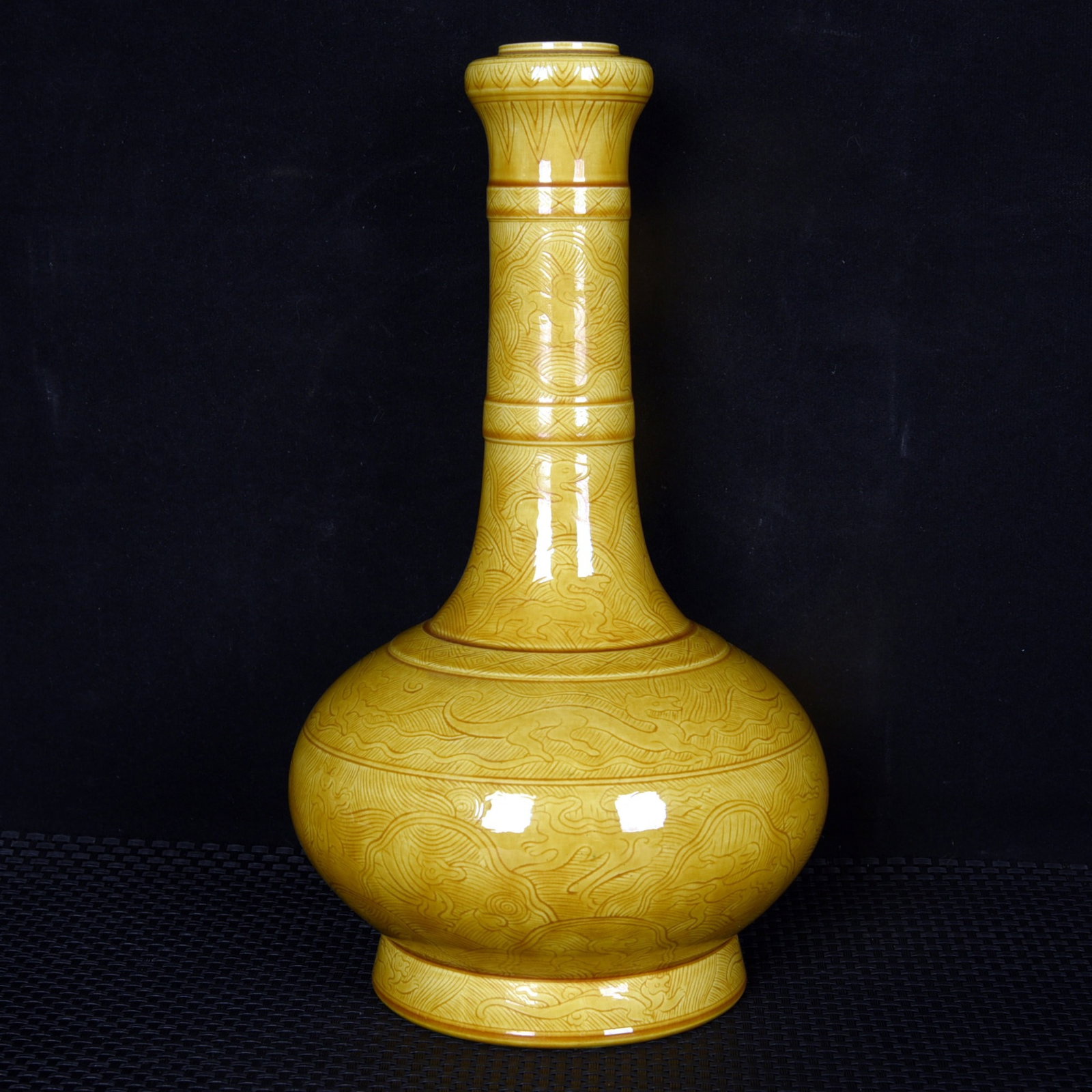 An Exquisite Yellow Glazed Seawater and Beast Pattern Vase: An Exquisite Yellow Glazed Seawater and Beast Pattern Vase,Qing Dynasty,China,Kangxi Six-character Mark,Size:10.4inx6.3in