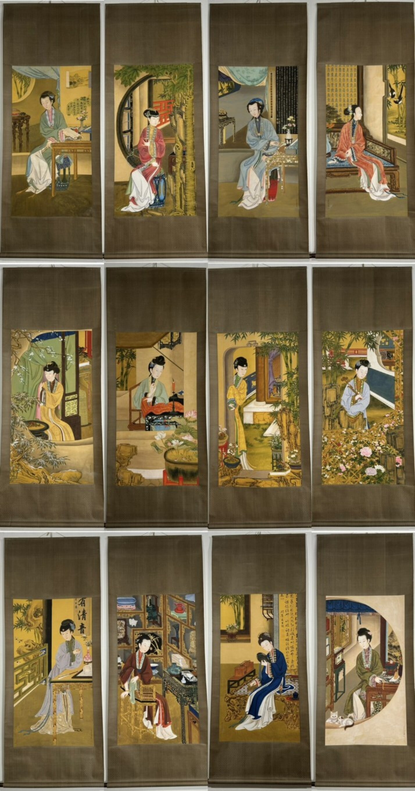 A Set of Chinese Vertical Scroll Ink Painting of Character and Story on Silk: A Set of Chinese Vertical Scroll Ink Painting of Character and Story on Silk,Lang Shining,Size:(entirety)82.7inx32.3in,(Without frame)49.2inx26.8in 一套中国水墨 