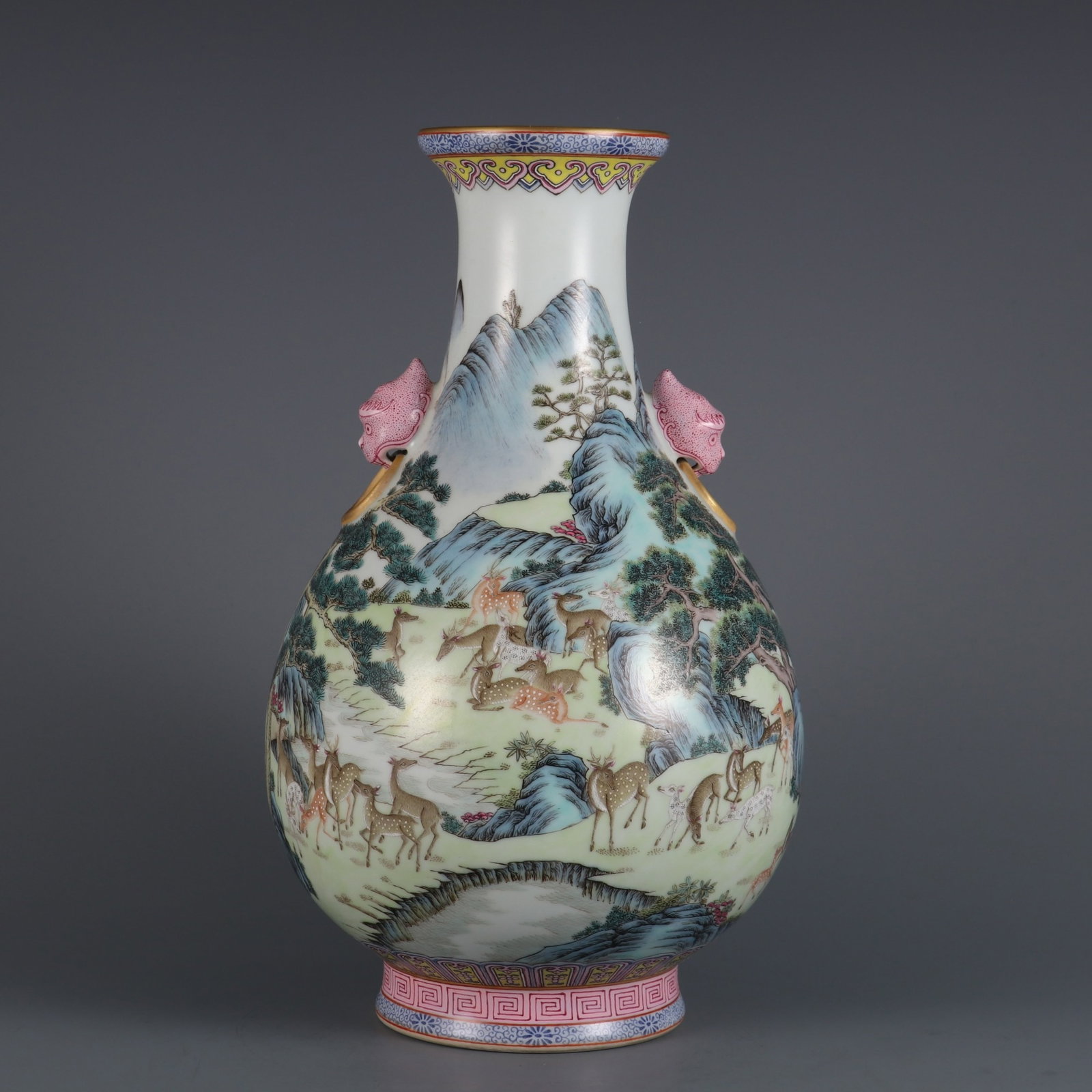 A Rare Famille-Rose Painted Gold Pine and Deer Pattern Beast-Ears Vase: A Rare Famille-Rose Painted Gold Pine and Deer Pattern Beast-Ears Vase,Qing Dynasty,China,Qianlong Six-character Mark,Size:12inx7.1in 粉彩描金松鹿纹兽&#