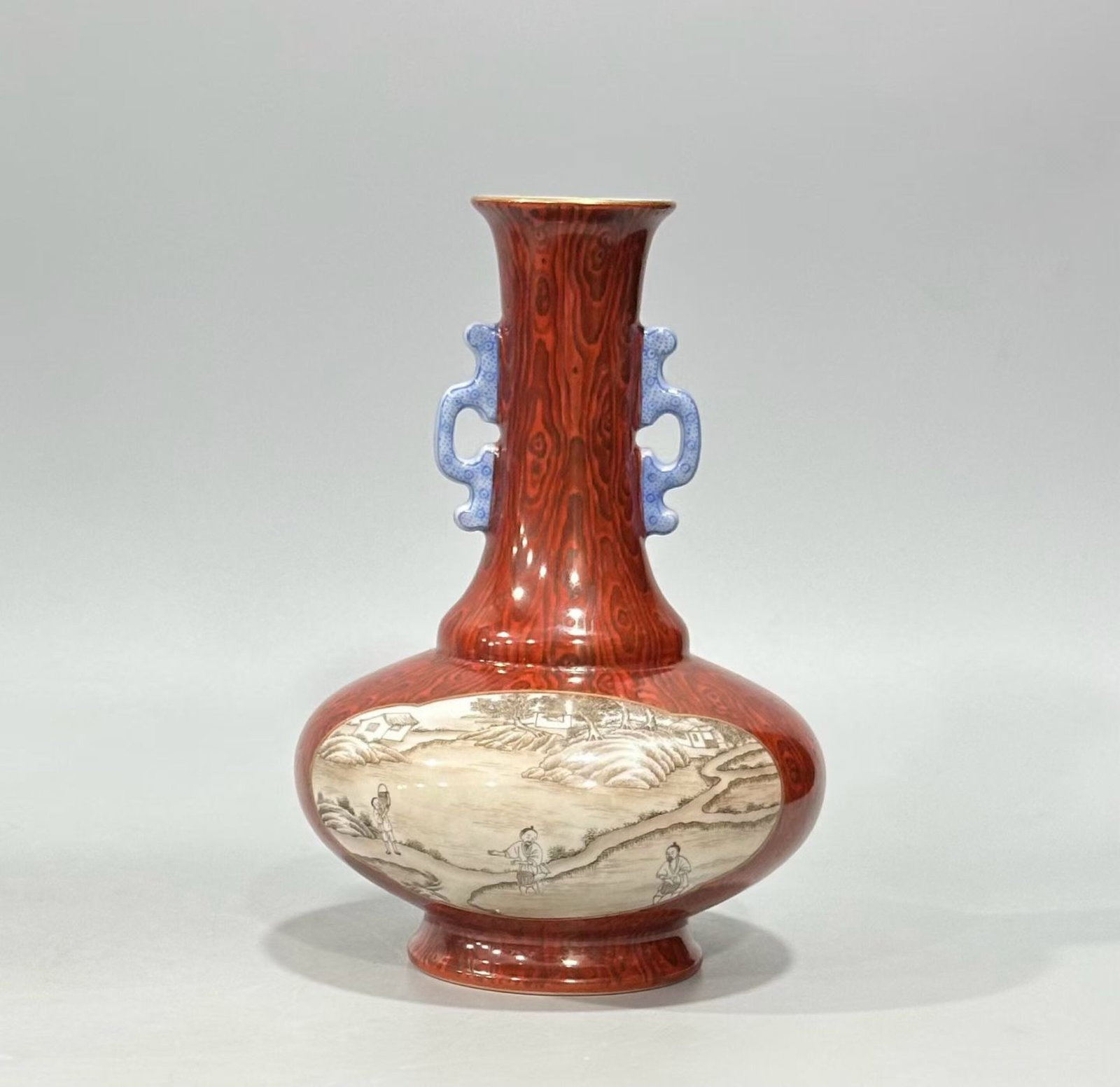 An Exquisite Imitation Wood Grain Glazed Ink Color Character and Story Pattern Double-Ears Vase: An Exquisite Imitation Wood Grain Glazed Ink Color Character and Story Pattern Double-Ears Vase,Qing Dynasty,China,Qianlong Six-character Mark,Size:6.5inx4.5in 木纹釉墨彩