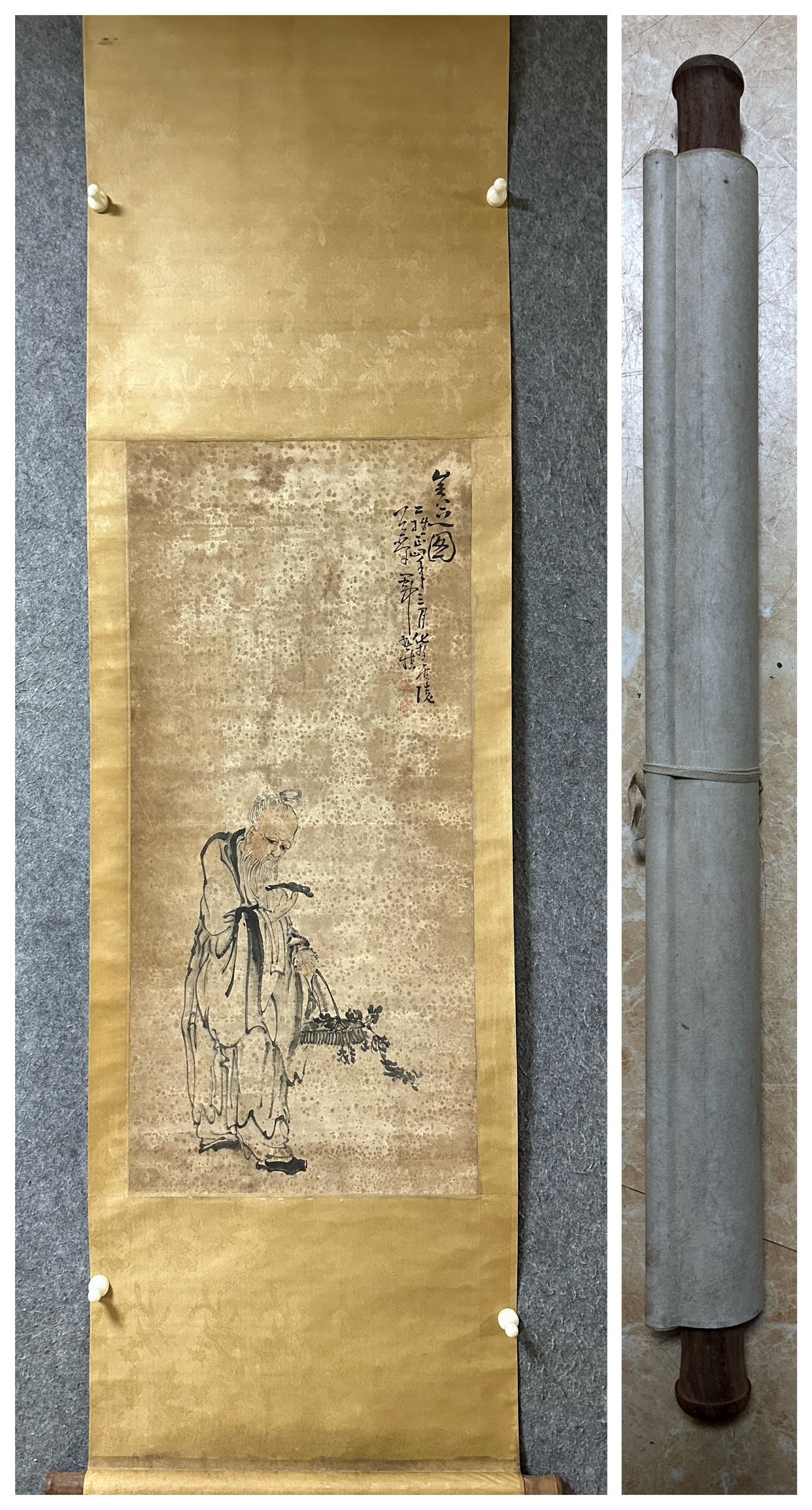 An Exquisite Chinese Vertical Scroll Ink Painting of Figure on Paper: An Exquisite Chinese Vertical Scroll Ink Painting of Figure on Paper,Huang Shen,Size:37.2inx17.1in