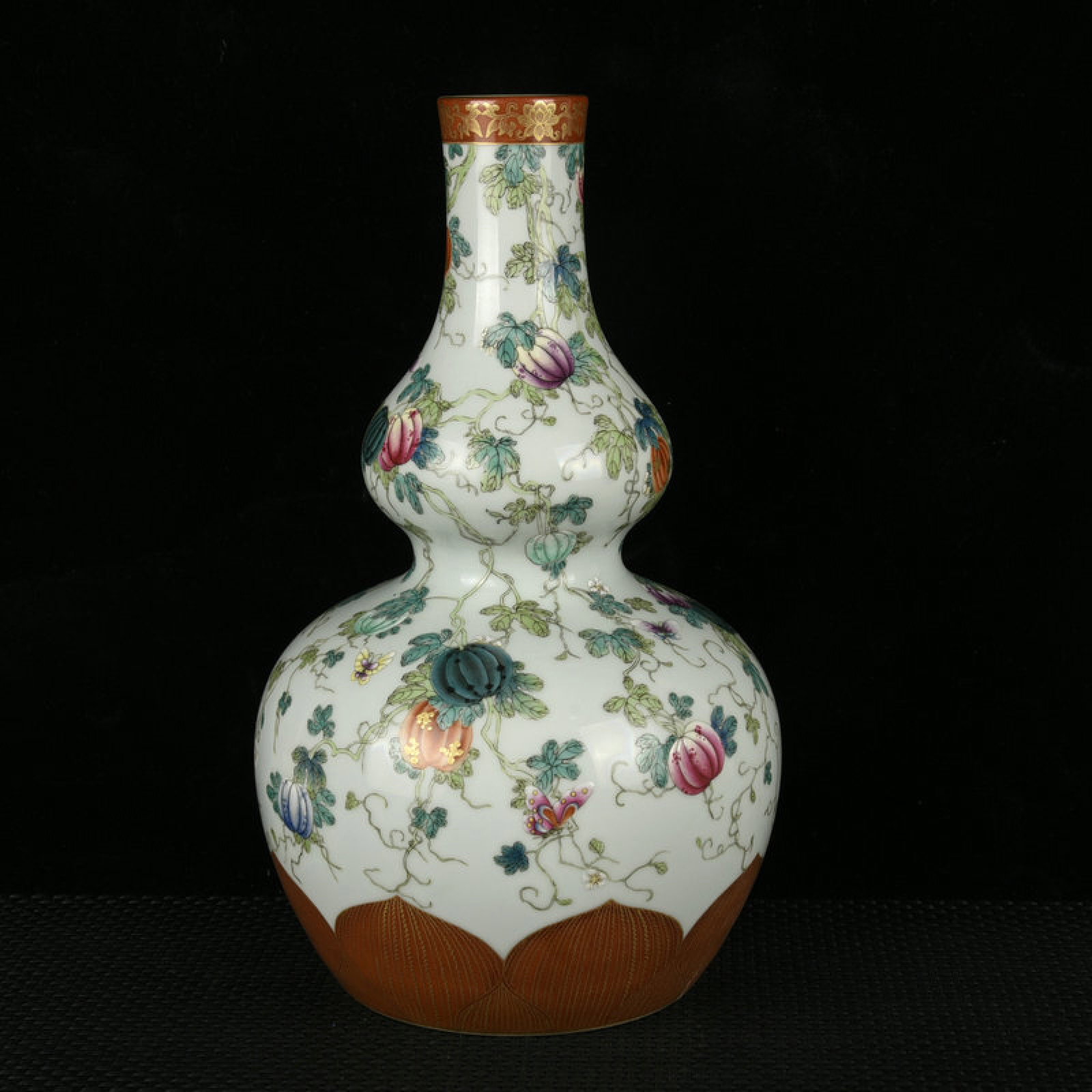 A Rare Enamel Painted Gold Melon and Fruit Pattern Gourd-Shaped Vase: A Rare Enamel Painted Gold Melon and Fruit Pattern Gourd-Shaped Vase,Qing Dynasty,China,Yongzheng Six-character Mark,Size:11.8inx7.1in 珐琅彩描金瓜果纹&