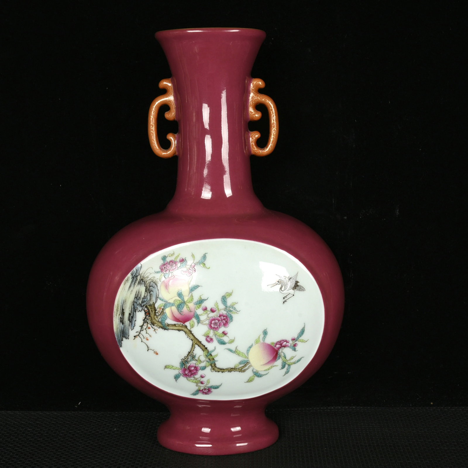 A Huge Ruby Red-Glazed Famille-Rose Flower and Crane Pattern Double-Ears Vase: A Huge Ruby Red-Glazed Famille-Rose Flower and Crane Pattern Double-Ears Vase,Qing Dynasty,China,Qianlong Six-character Mark,Size:16.7inx10.6inx6.3in 胭脂红粉彩花&#
