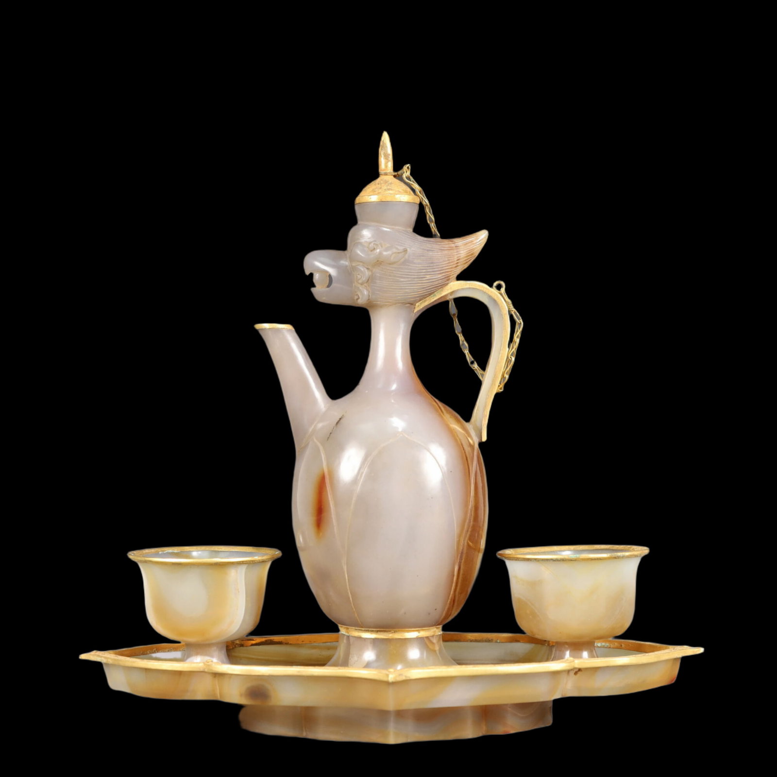 A Set of Fine Agate Cover with Gold Phoenix Pattern Pots (1 of 15)