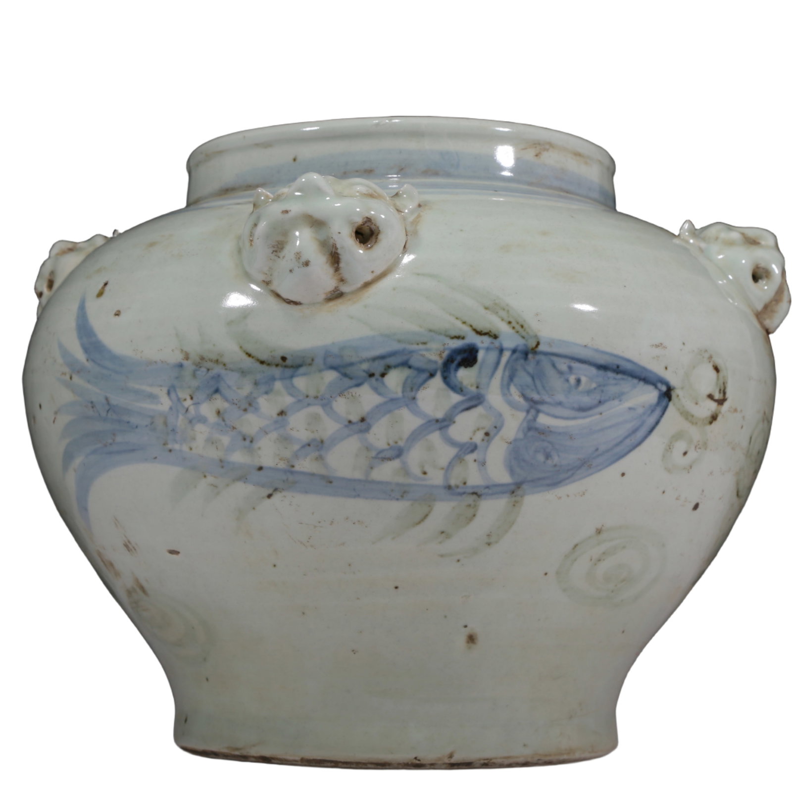 An Elaborate Blue And White Copper-Red 'Fish' Beast-Handled Korean Jar: An Elaborate Blue And White Copper-Red 'Fish' Beast-Handled Korean Jar. Ancient South Korea, Gaoli Period. Size:13.4inx10.2in. Weight:5970g. 高丽时期 青花釉&#