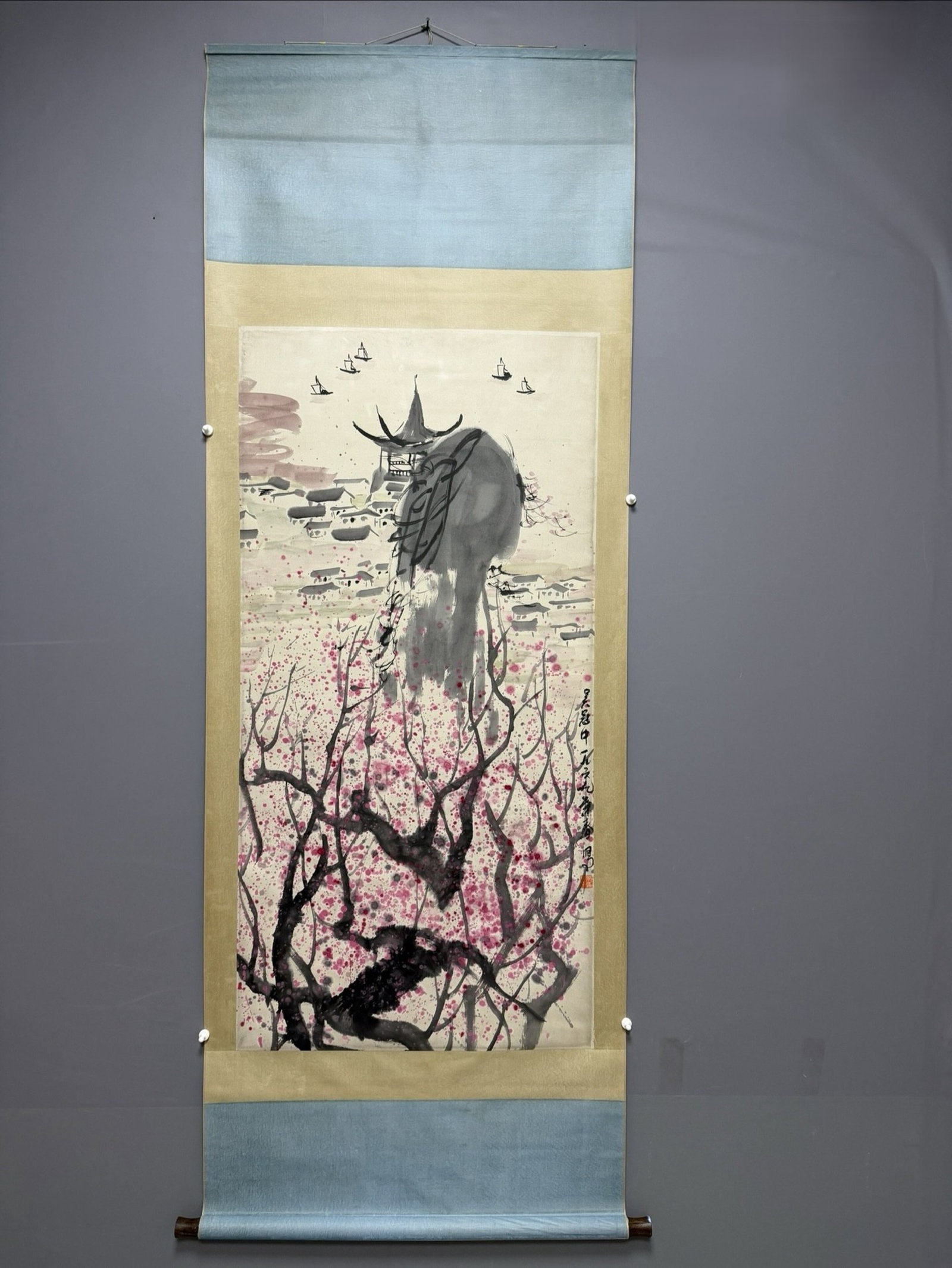 A Chinese Vertical Scroll Ink Painting of Landscape on Paper: A Chinese Vertical Scroll Ink Painting of Landscape on Paper,Wu Guanzhong,Size:54.3inx26.8in 一幅中国水墨山水画立轴,吴冠&#