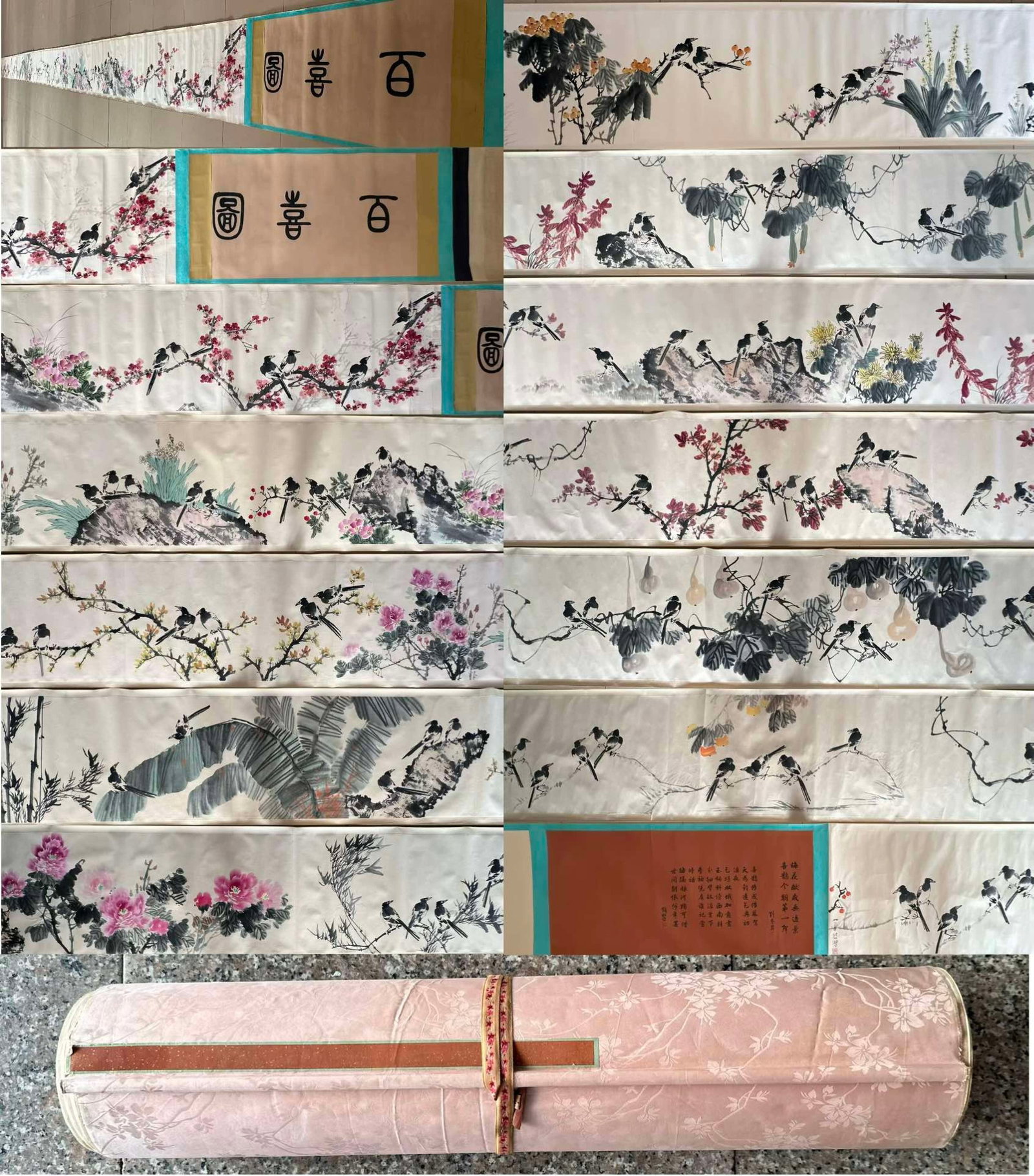 A Chinese Hand Scroll Ink Painting of Flower and Bird on Paper: A Chinese Hand Scroll Ink Painting of Flower and Bird on Paper,Xu Beihong,Size:787.4inx29.5in 一幅中国水墨花鸟画手卷,徐悲&