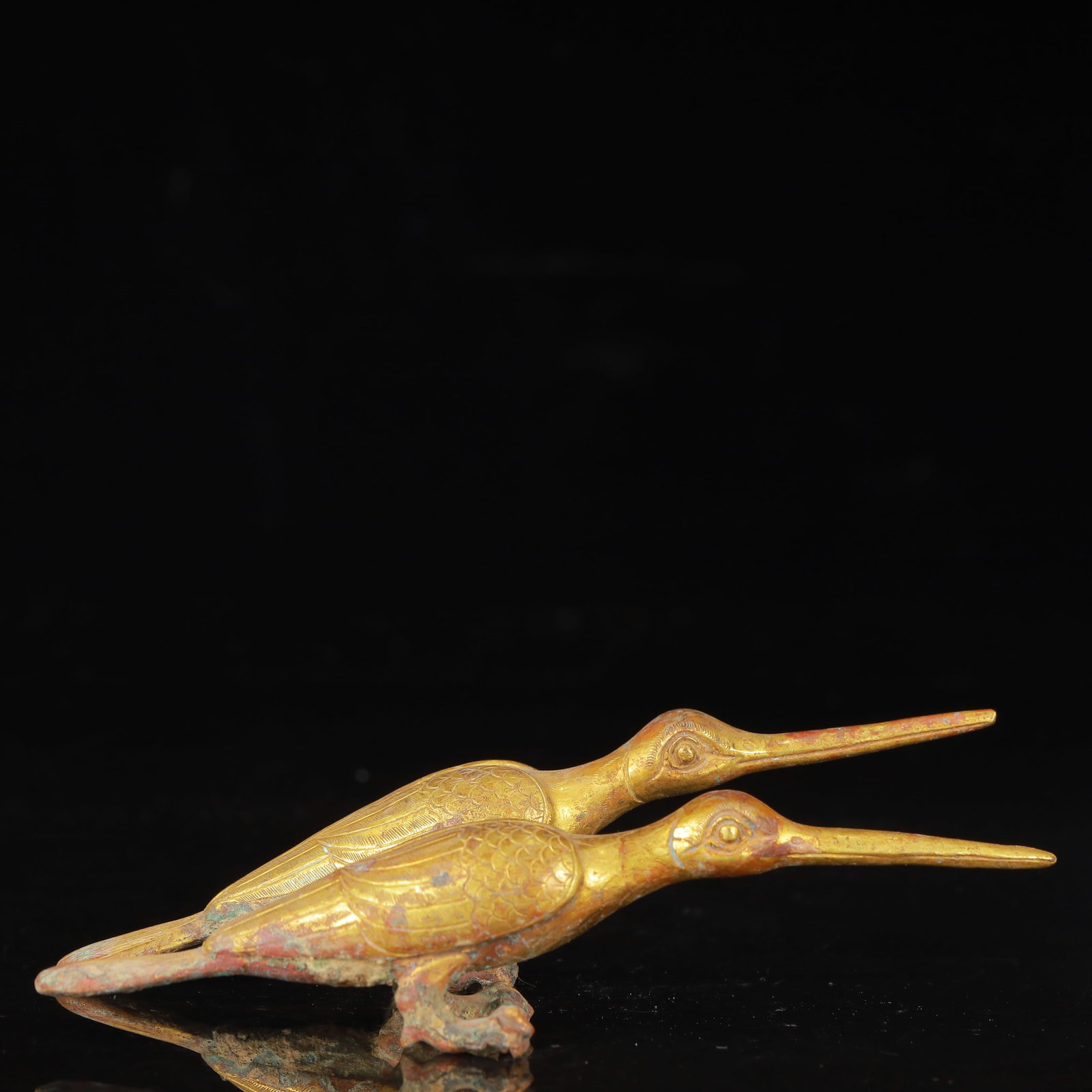 A Pair of Exquisite Gilt Bronze Crane Ornaments: A Pair of Exquisite Gilt Bronze Crane Ornaments,Qing Dynasty,China,Size:5.3inx0.8inx1.2in*2,Weight:254g 一对铜鎏金仙鹤摆件,中国清