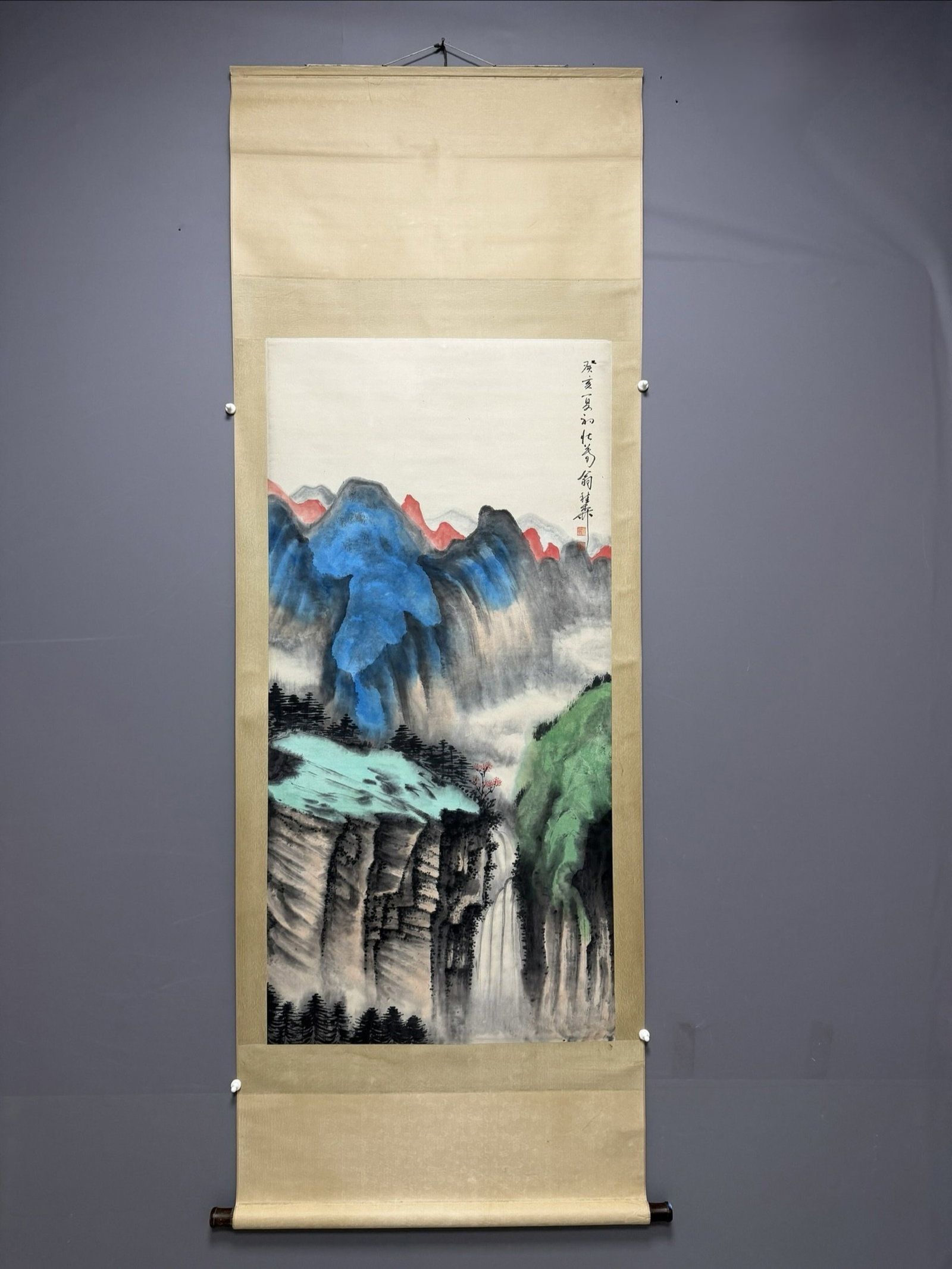 A Chinese Vertical Scroll Ink Painting of Landscape on Paper: A Chinese Vertical Scroll Ink Painting of Landscape on Paper,Xie Zhiliu,Size:54.3inx26.8in