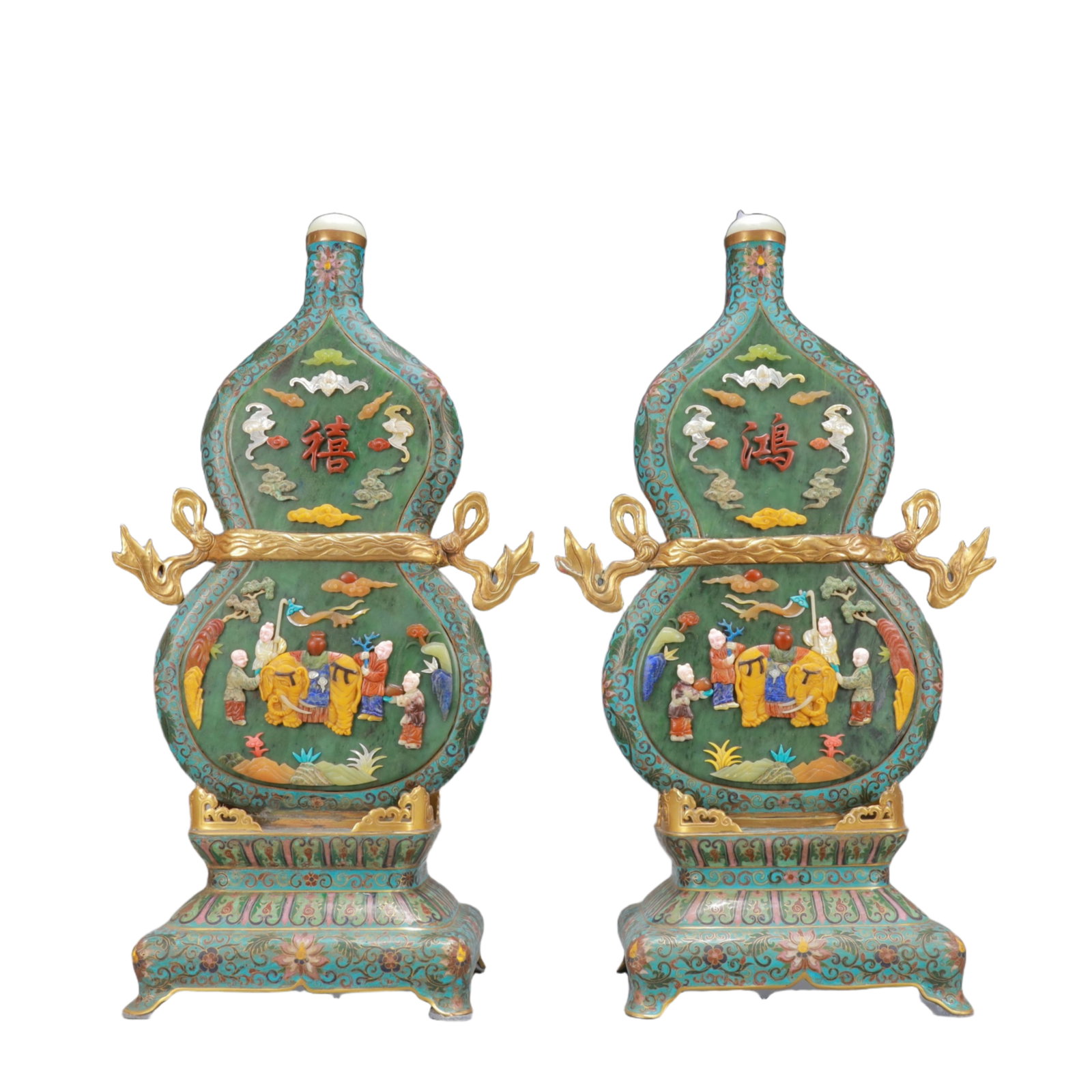 A Exquisite Cloisonne Lotus Pattern Character and Story Pattern Gourd-Shaped with poem Double-Ears: A Exquisite Cloisonne Lotus Pattern Character and Story Pattern Gourd-Shaped with poem Double-Ears Vase Qing Dynasty, China Qianlong Four-character Mark ,Size:11.2inx6.1inx19.3in Weight:3150g