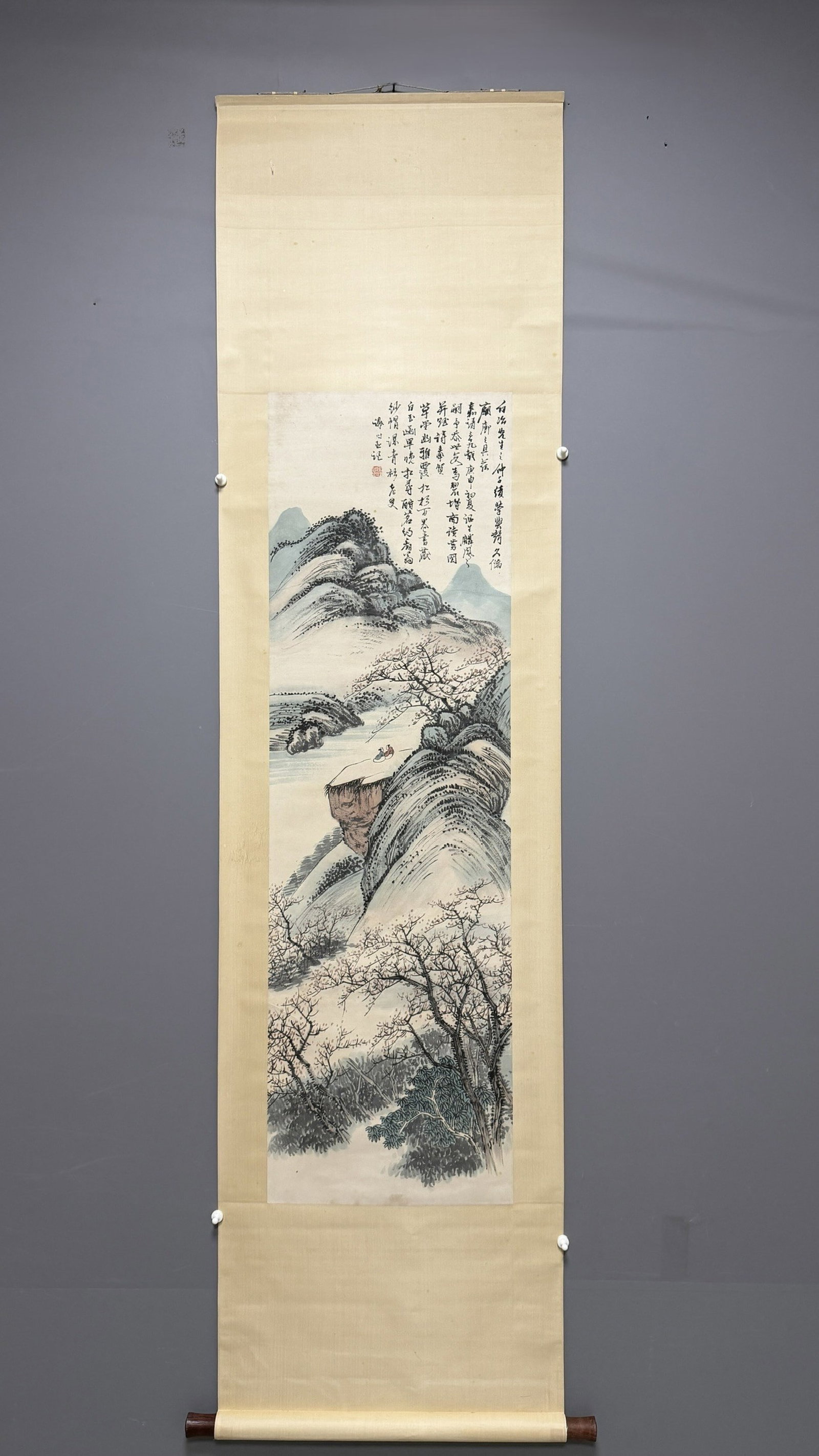 A Chinese Vertical Scroll Ink Painting of Landscape on Paper: A Chinese Vertical Scroll Ink Painting of Landscape on Paper,Xie Shichen,Size:53.5inx16.1in