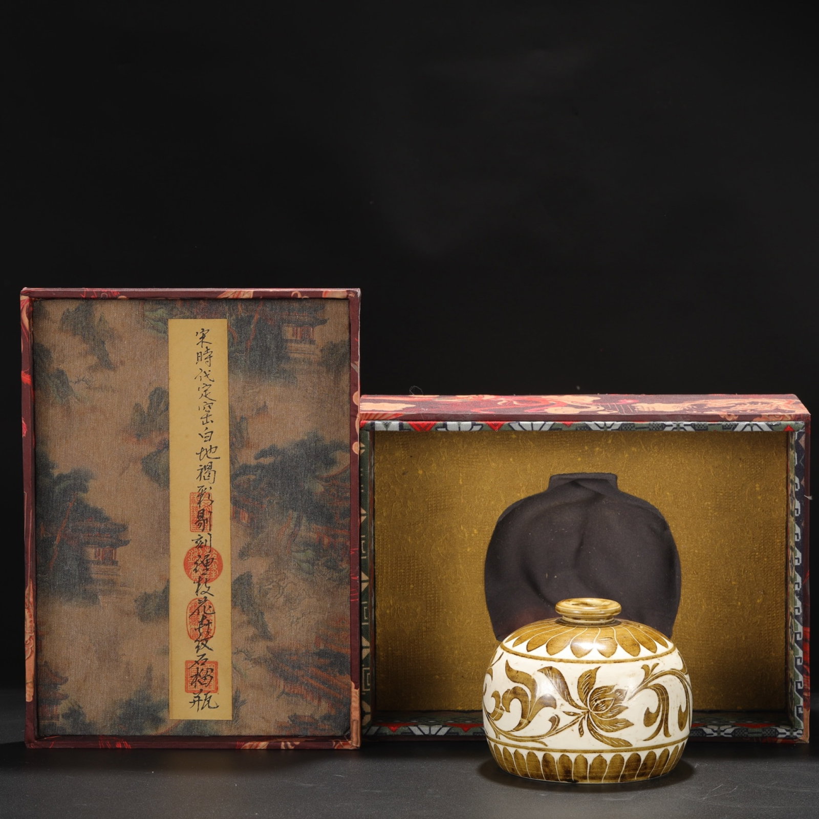 An Exquisite Ding yao Brown Glazed Lotus Pattern Vase: An Exquisite Ding yao Brown Glazed Lotus Pattern Vase,Song Dynasty,China,Size:4.7inx5.7in 定窑褐彩缠枝莲纹瓶,中国宋代