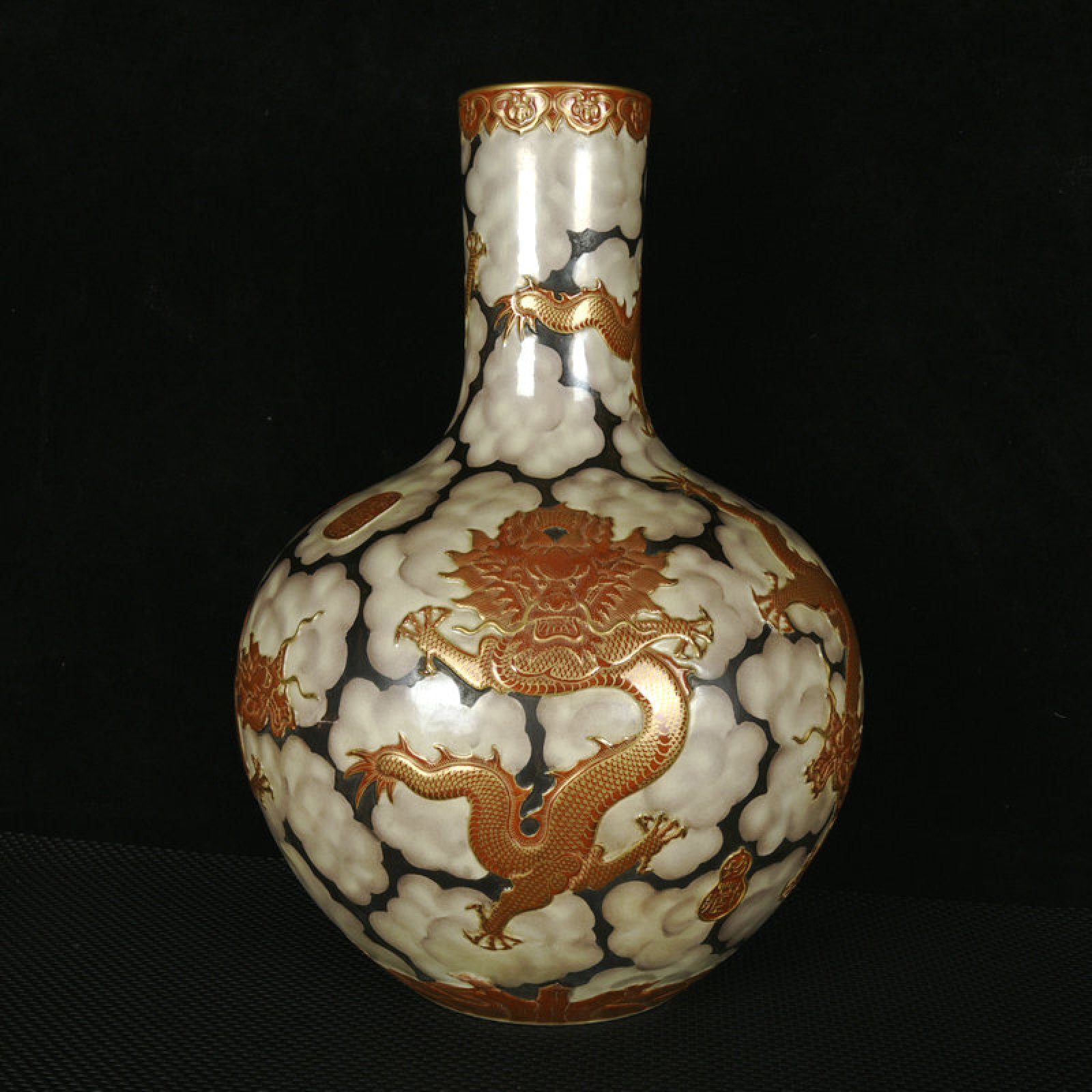 A Huge Ink Color Iron-Red Painted Gold Auspicious Cloud and Dragon Pattern Vase: A Huge Ink Color Iron-Red Painted Gold Auspicious Cloud and Dragon Pattern Vase,Qing Dynasty,China,Qianlong Six-character Mark,Size:18.5inx13.4in