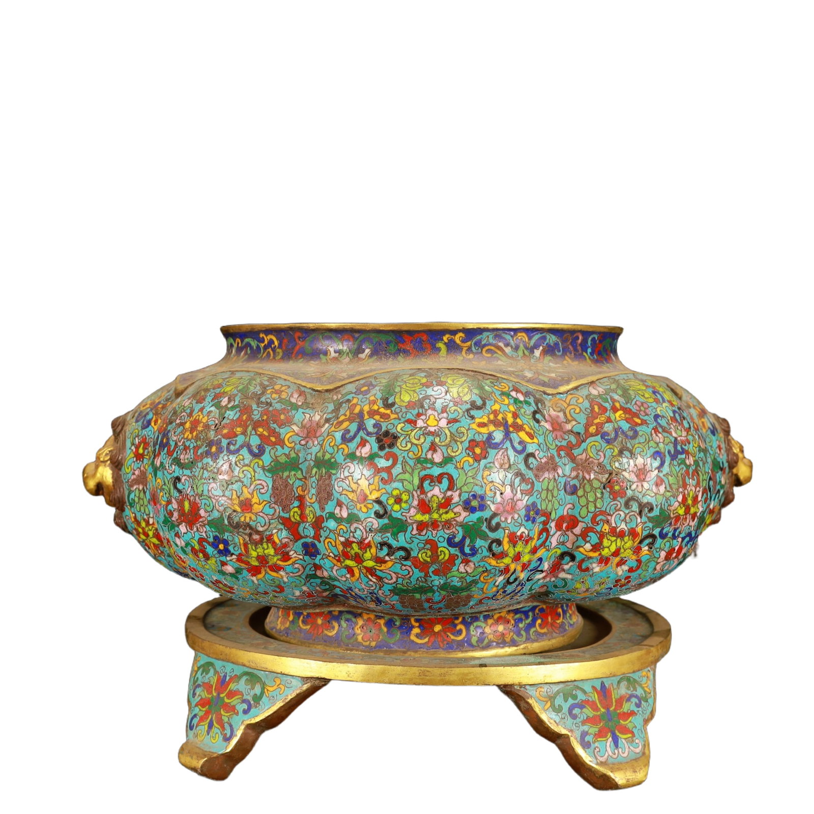 A Rare Cloisonne Lotus Pattern Beast-Ears Tripod Censer: A Rare Cloisonne Lotus Pattern Beast-Ears Tripod Censer,(A type of enamelware with metal wires separating colored glaze, originating in China),Qing Dynasty,China,With
