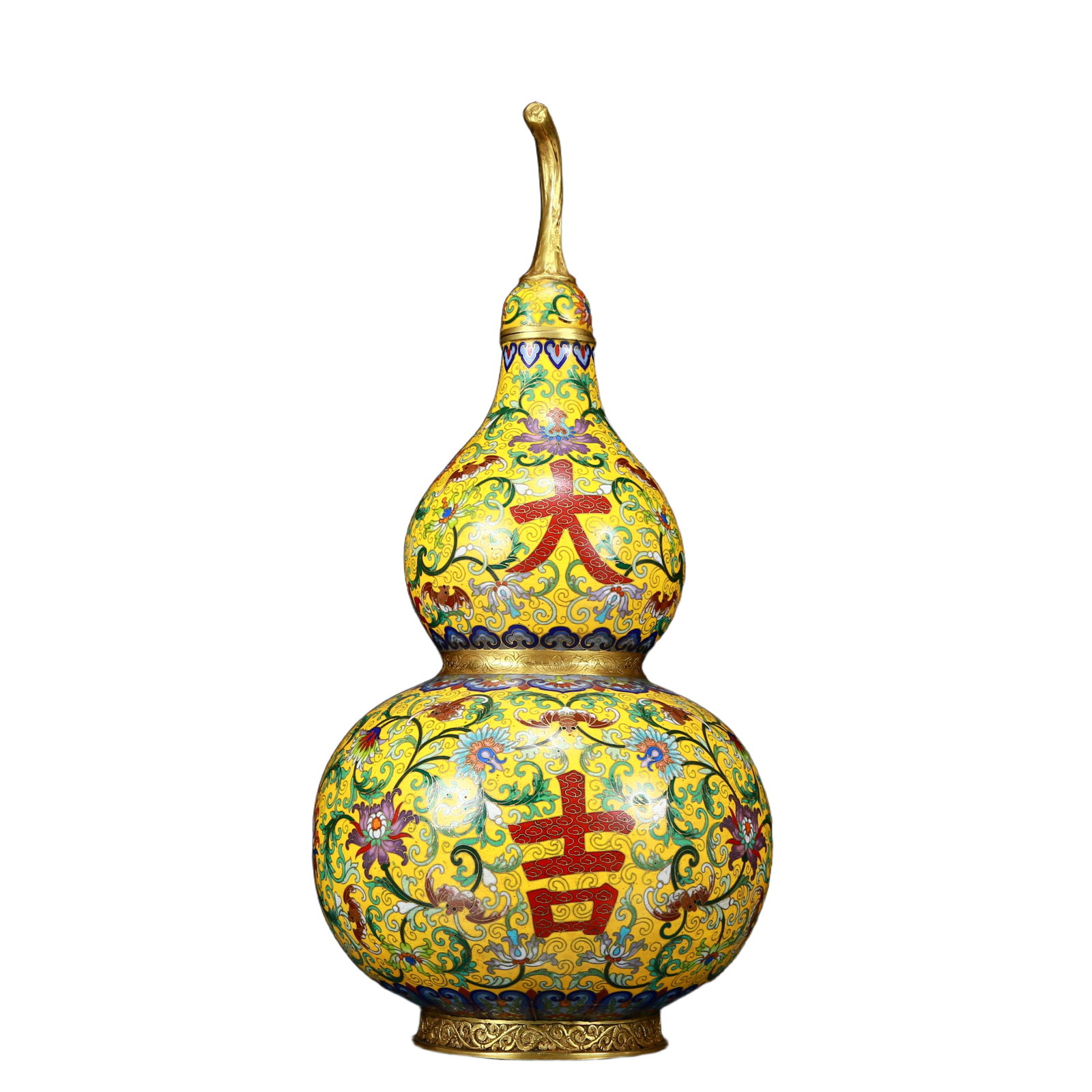 A Huge Cloisonne Lotus Pattern Gourd-Shaped Vase: A Huge Cloisonne Lotus Pattern Gourd-Shaped Vase，Qing Dynasty, China，Qianlong Four-character Mark，Size:7.9inx16.9in，Weight:5.10kg 景泰蓝缠枝&#