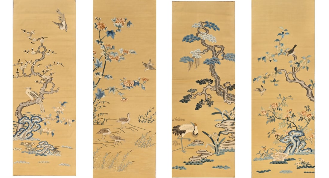 A set of four screens with Kesi flower and bird pattern (1 of 9)