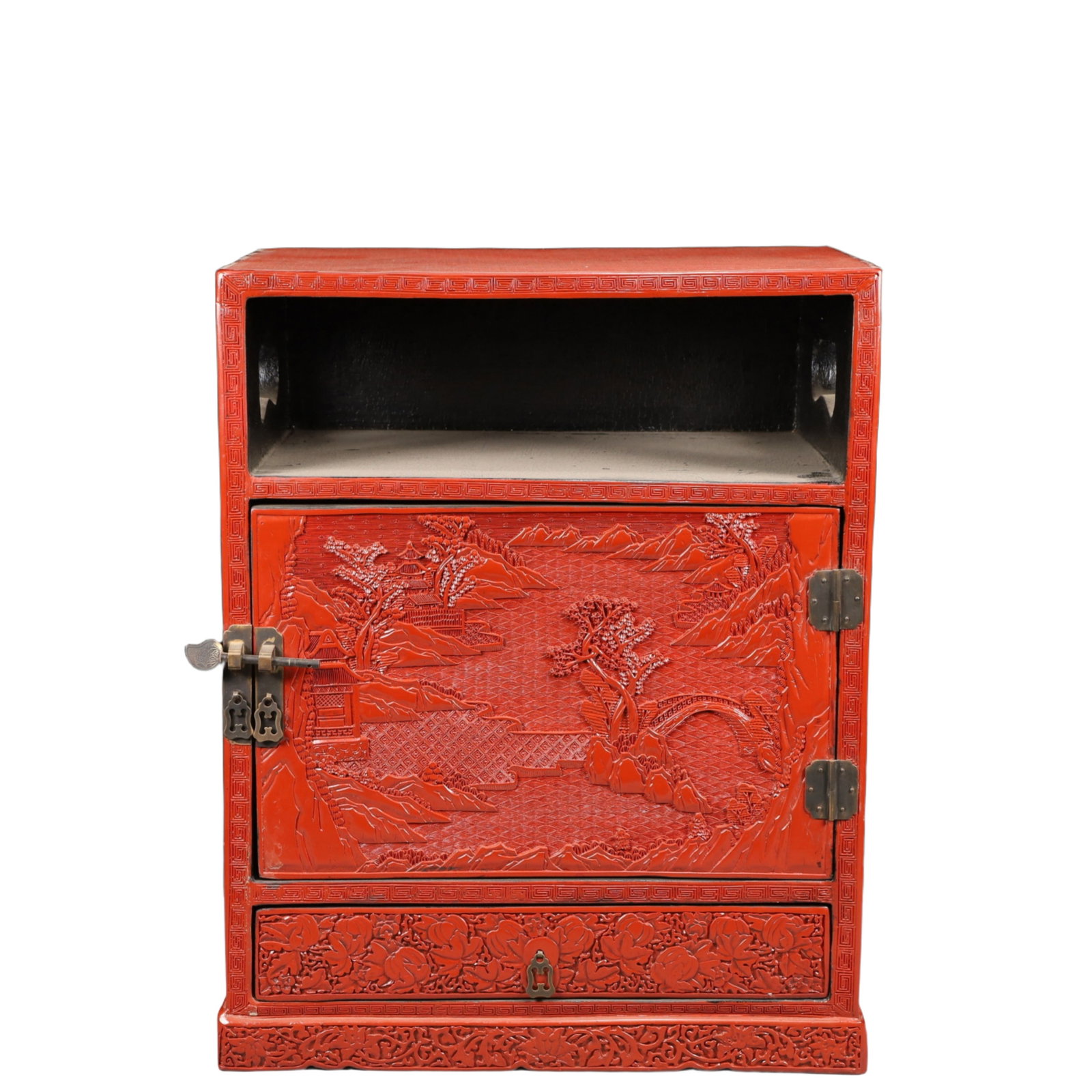 A Rare Carved Red Lacquer Landscape and Figure Pattern Cabinet: A Rare Carved Red Lacquer Landscape and Figure Pattern Cabinet,Qing Dynasty, China,Qianlong Four-character Mark,Size:16.9inx11.8inx21.3in,Weight:1035g