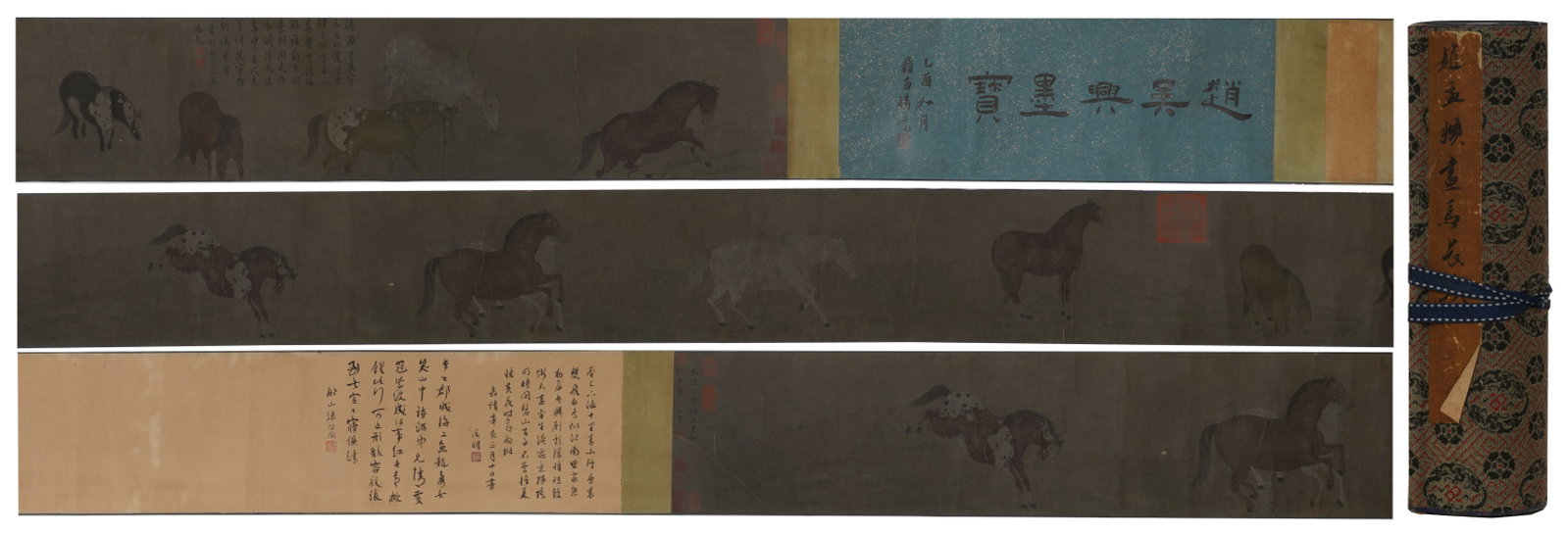 A Chinese Hand Scroll Ink Painting of Horse on Silk: A Chinese Hand Scroll Ink Painting of Horse on Silk,Zhao Mengfu,Size:9.8inx189in 一幅中国水墨绢本骏马画手卷,赵ण