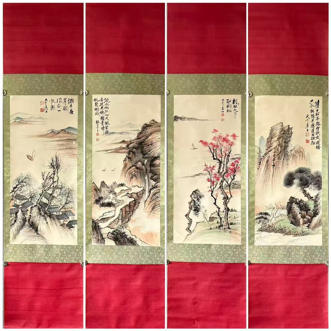 A Set of Chinese Vertical Scroll Ink Painting of Landscape on Paper: A Set of Chinese Vertical Scroll Ink Painting of Landscape on Paper,Zhang Daqian,Size:38.8inx17.7in*4