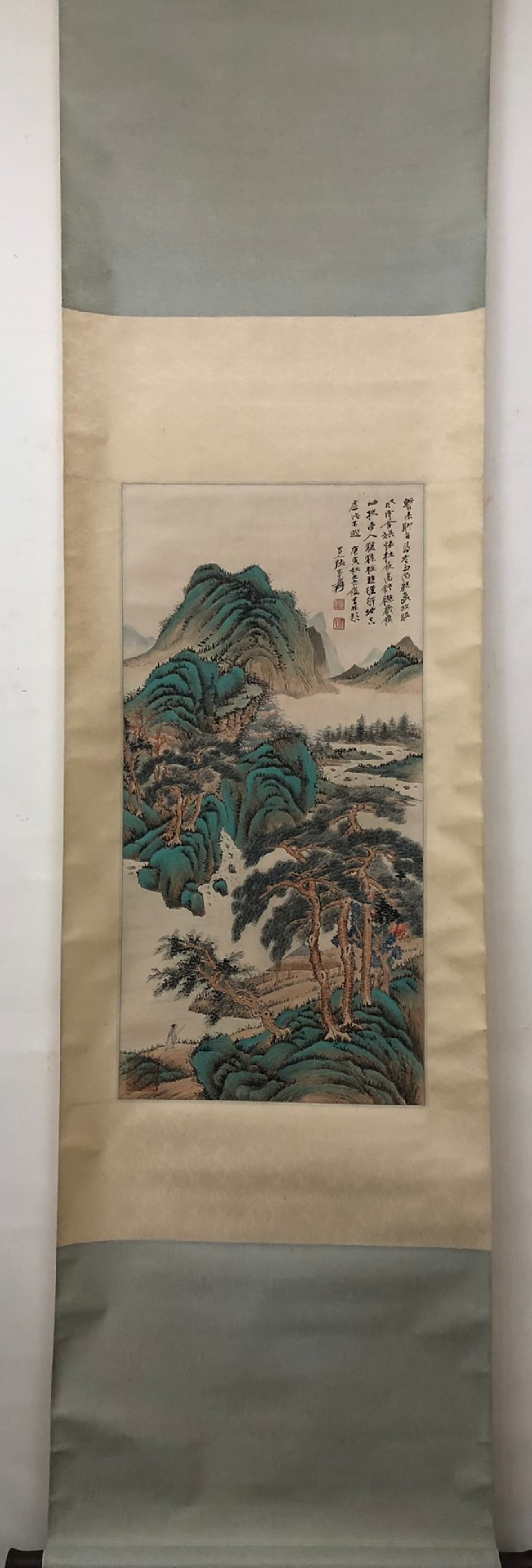 A Chinese Vertical Scroll Ink Painting of Landscape on Paper: A Chinese Vertical Scroll Ink Painting of Landscape on Paper,Zhang Daqian,Size:31.1inx15.4in 一幅中国水墨山水画立轴,张大&#