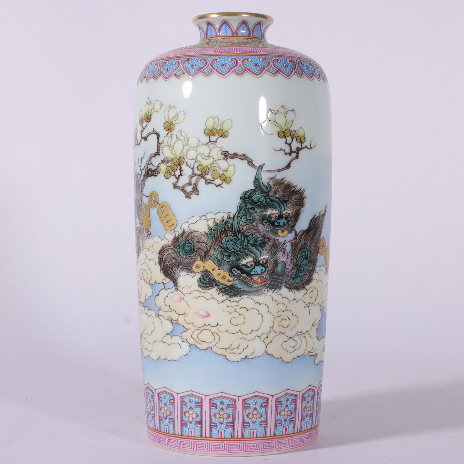 An Exquisite Enamel Painted Gold Lion Pattern Vase: An Exquisite Enamel Painted Gold Lion Pattern Vase,Qing Dynasty,China,Qianlong Six-character Mark,Size:7.7inx3.3in 珐琅彩描金狮子纹瓶,中