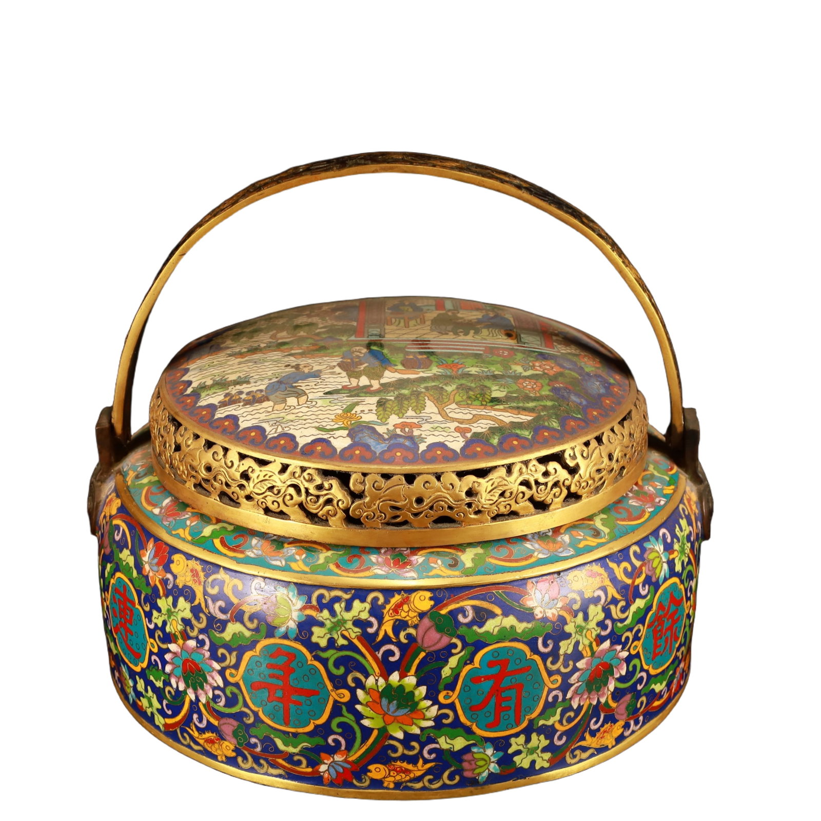 A Rare Cloisonne Lotus and Figure Pattern Handwarmer: A Rare Cloisonne Lotus and Figure Pattern Handwarmer,(A type of enamelware with metal wires separating colored glaze, originating in China),Qing Dynasty,China,Qianlong Six-character