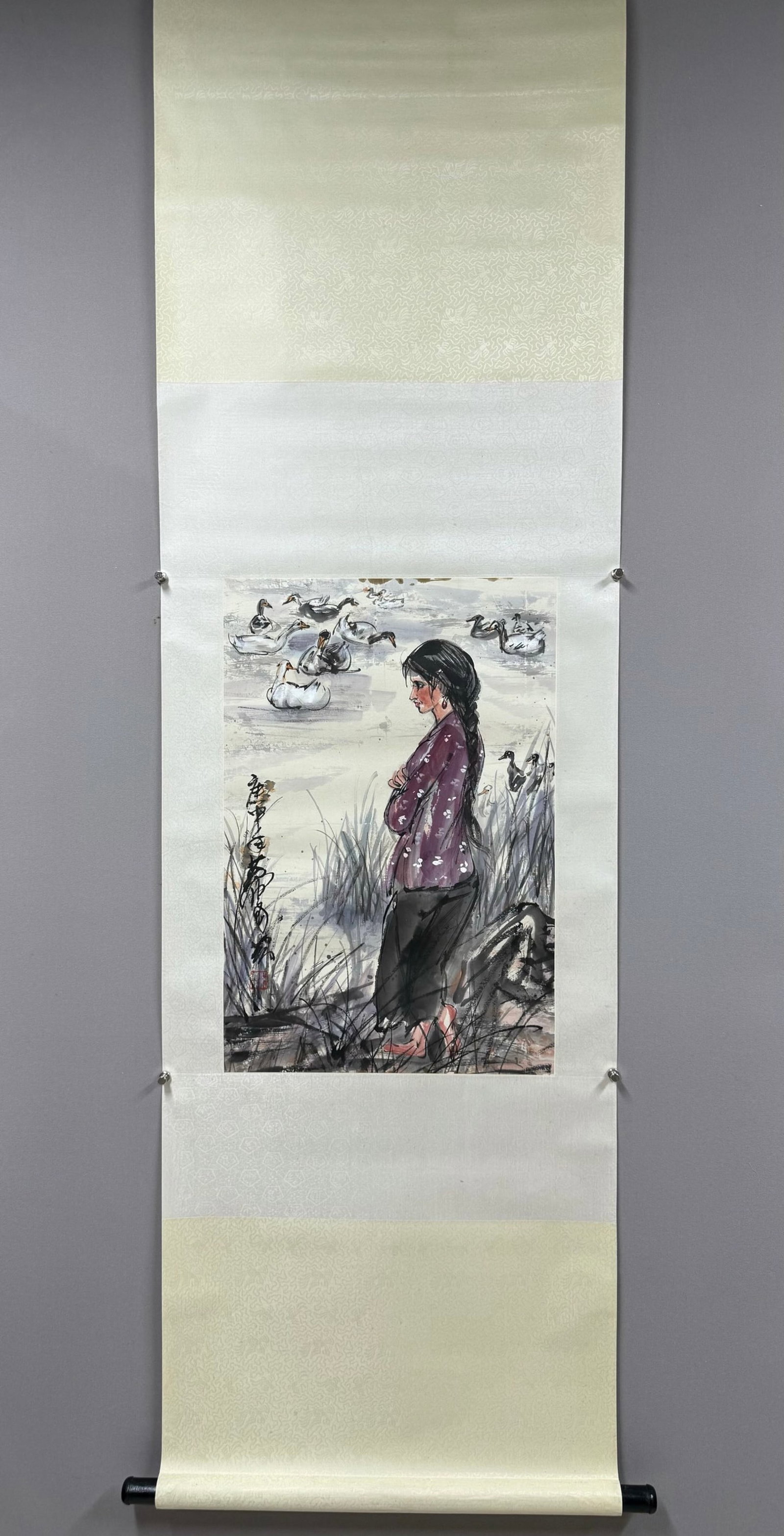 A Chinese Vertical Scroll Ink Painting of Character and Story on Paper: A Chinese Vertical Scroll Ink Painting of Character and Story on Paper,Huang Zhou,Size:26.8inx17.7in