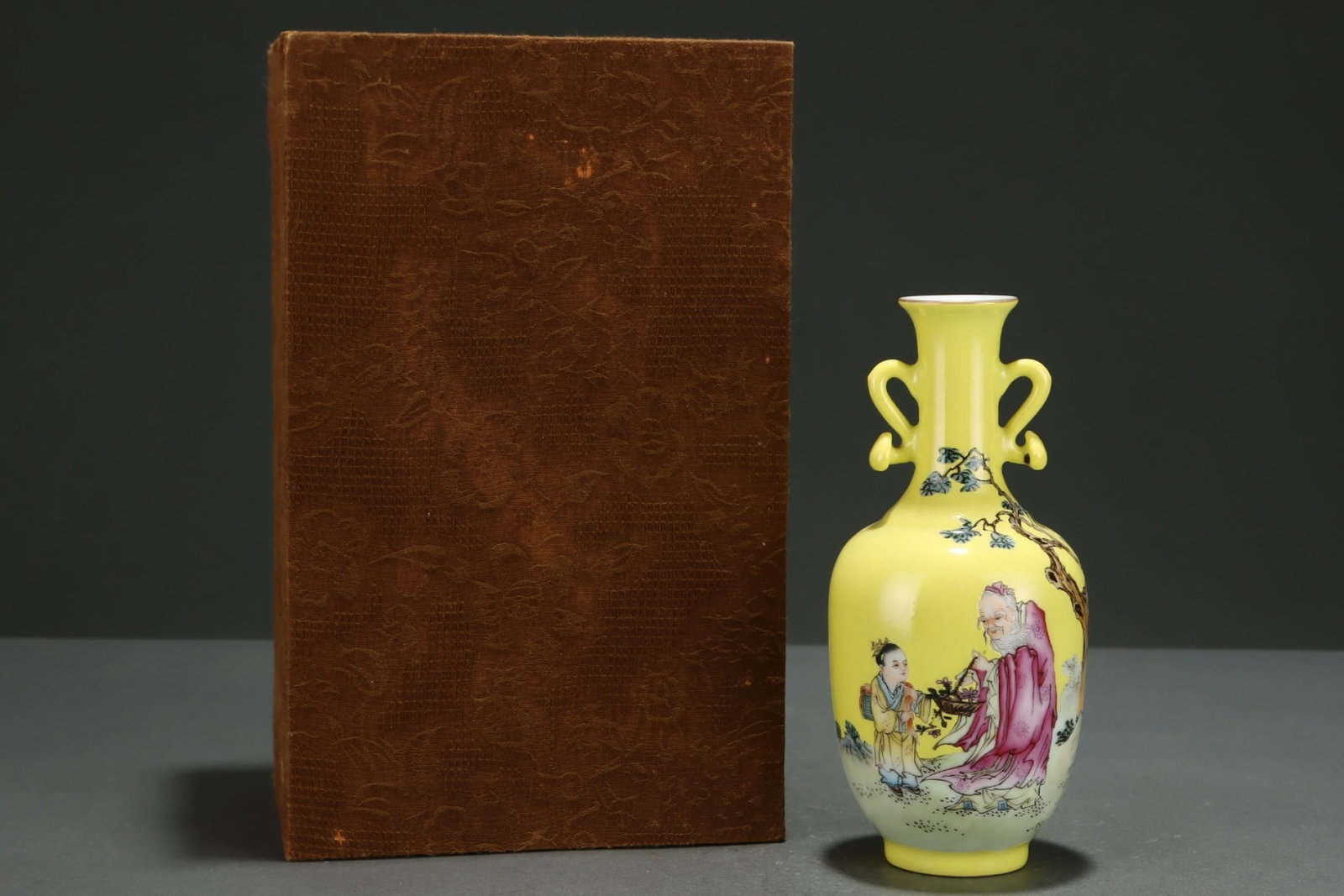 An Exquisite Yellow Ground Famille-Rose Painted Gold Character and Story Pattern Double-Ears: An Exquisite Yellow Ground Famille-Rose Painted Gold Character and Story Pattern Double-Ears Vase,with poem,Qing Dynasty,China,Yongzheng Four-character Mark,Size:7.1inx3.1in