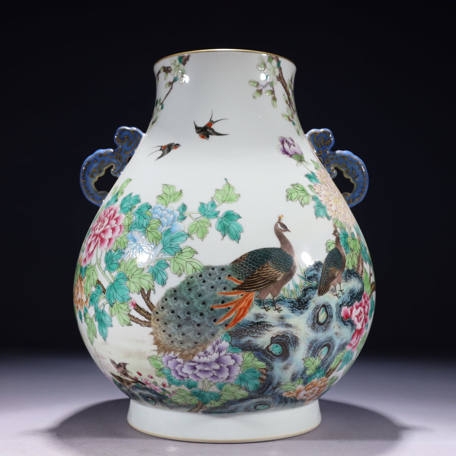An Exquisite Famille-Rose Painted Gold Flower and Peacock Pattern Double-Ears Vase,with poem: An Exquisite Famille-Rose Painted Gold Flower and Peacock Pattern Double-Ears Vase,with poem,Qing Dynasty,China,Yongzheng Six-character Mark,Size:9.8inx13in,Weight:4000g 粉彩描ດ