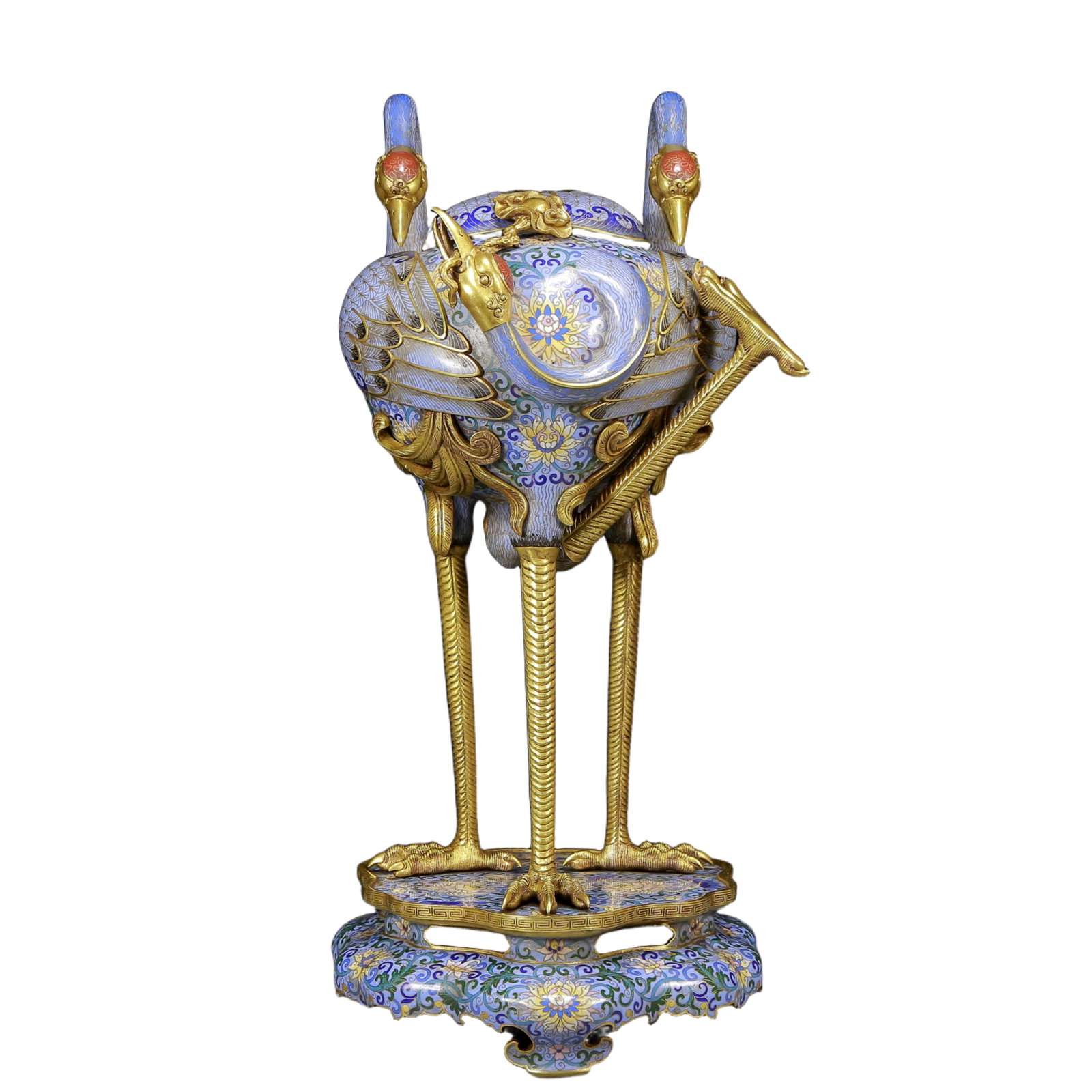 A Huge Cloisonne Crane-Shaped Vase: A Huge Cloisonne Crane-Shaped Vase,Qing Dynasty, China,Qianlong Four-character Mark,Size:10.6inx10.2inx23.6in,Weight:9395g 景泰蓝鹤型瓶，清代ʌ