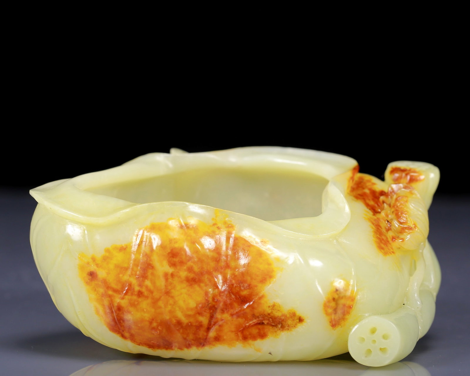 An Exquisite White Jade Lotus Root Pattern Brush Washer: An Exquisite White Jade Lotus Root Pattern Brush Washer,Qing Dynasty, China, Qianlong Four-character Mark,Size:5.9inx3.5inx2in,Weight:320g 白玉莲藕纹笔洗ʌ