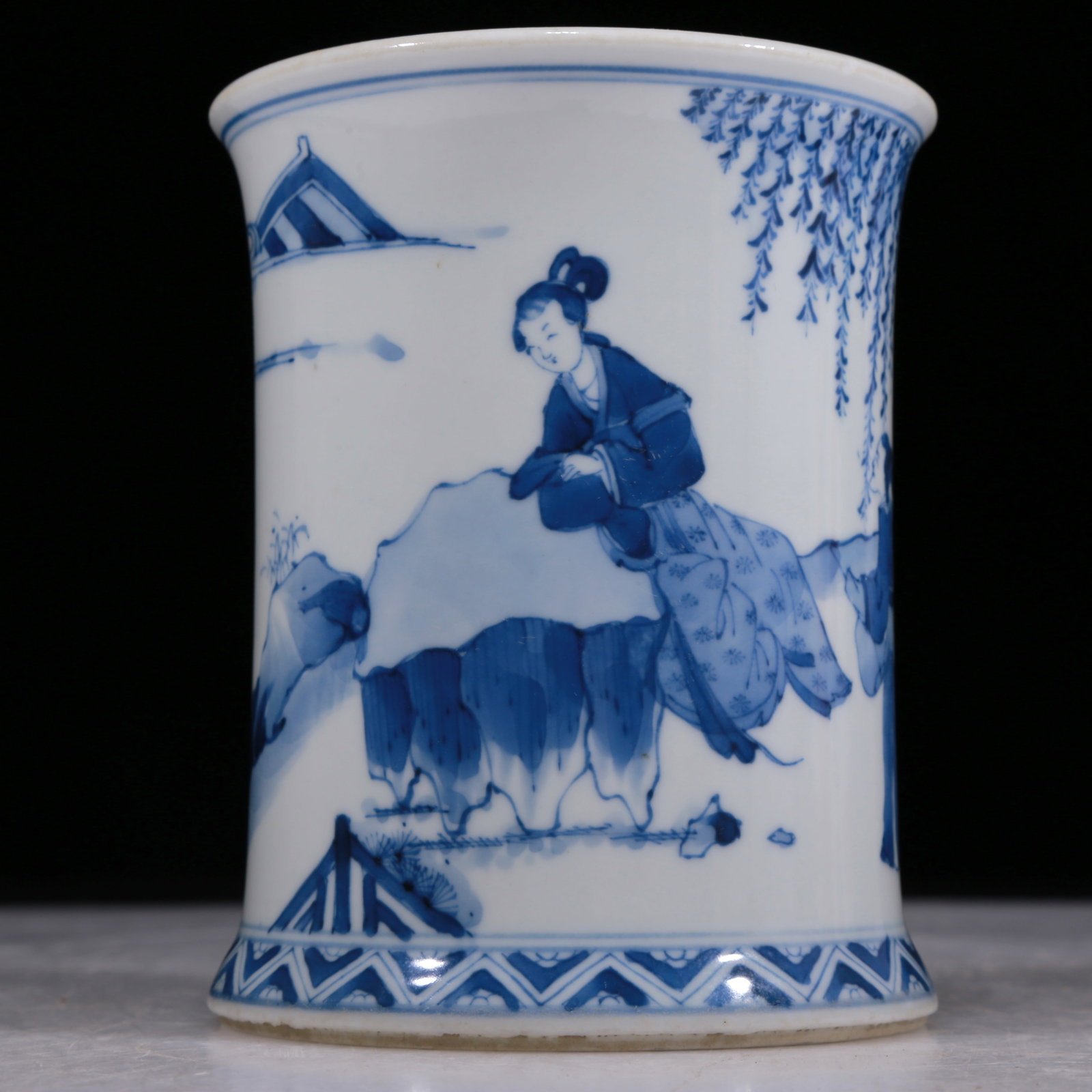 A Gorgeous Blue And White 'Landscape& Figure' Brush Pot: A Gorgeous Blue And White 'Landscape& Figure' Brush Pot. Painted in deep cobalt blue with figures, each's body rendered clad in long, flowing robes, the voluminous drapery elegantly cascading in folds
